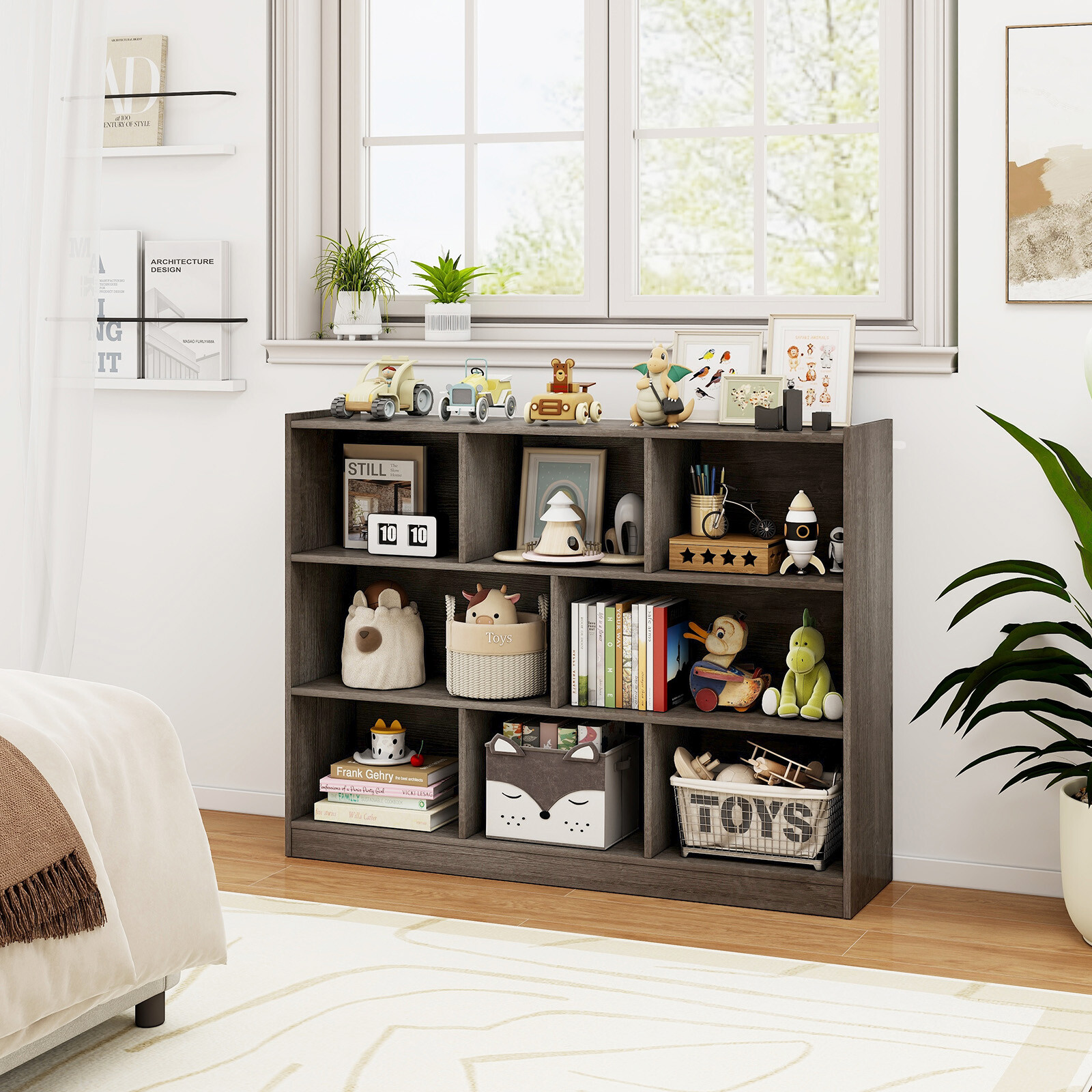 3-Tier Open Bookcase 8-Cube Floor Standing Storage Shelves Display Cabinet-Gray