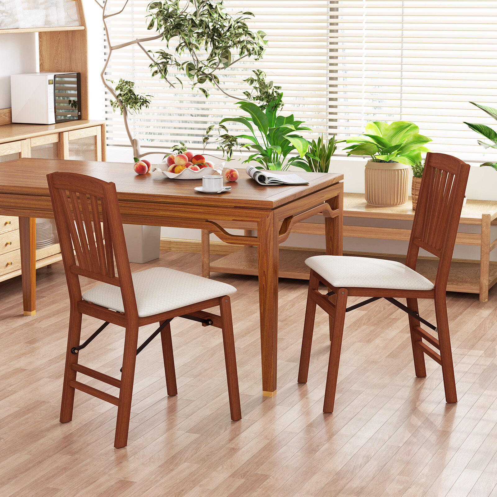 Folding Dining Chairs Set of 2 with Padded Seat and Rubber Wood Frame-B