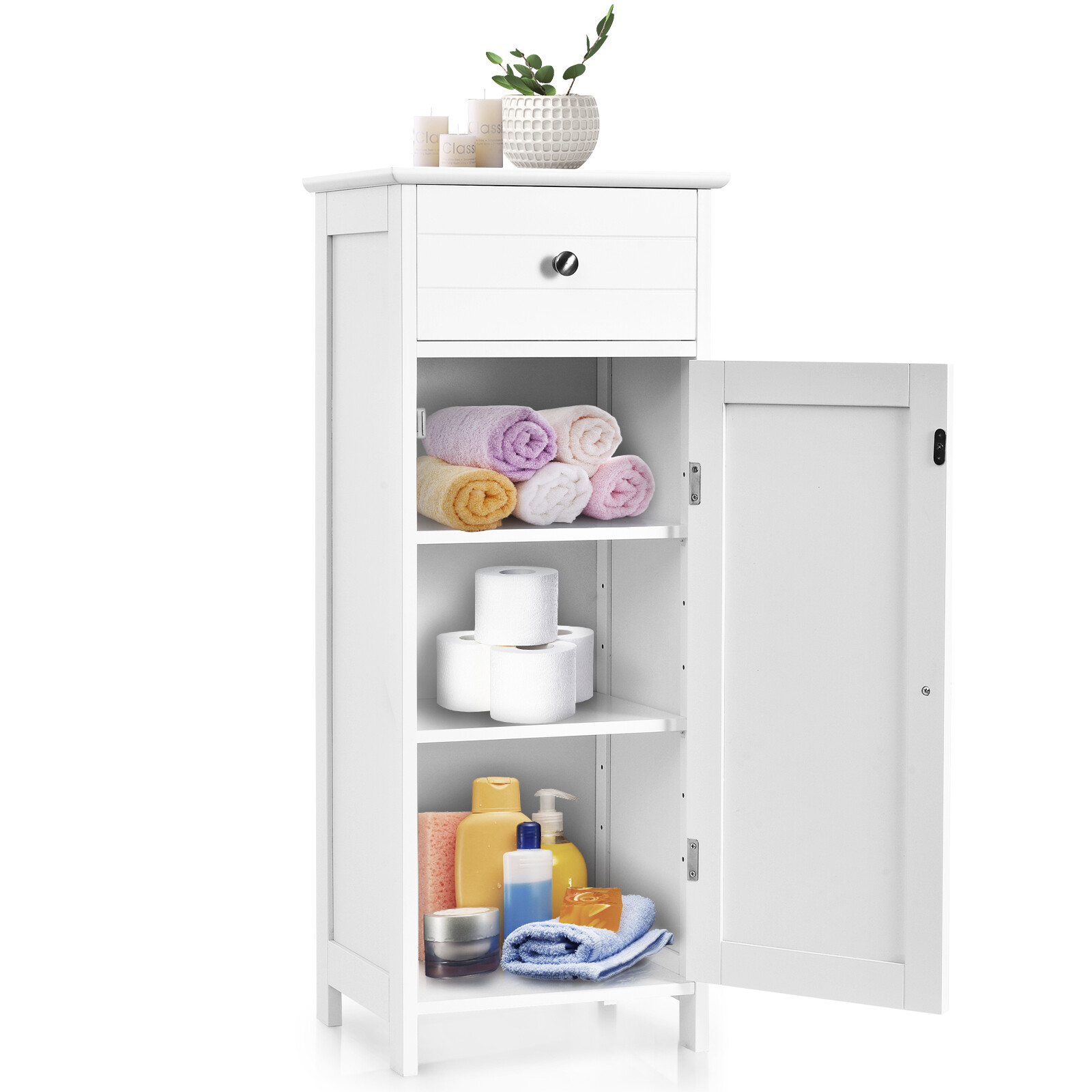 Costway Wooden Storage Free-Standing Floor Cabinet with Drawer and Shelf-White Costway Wooden Storage Free-Standing Floor Cabinet with Drawer and Shelf-White