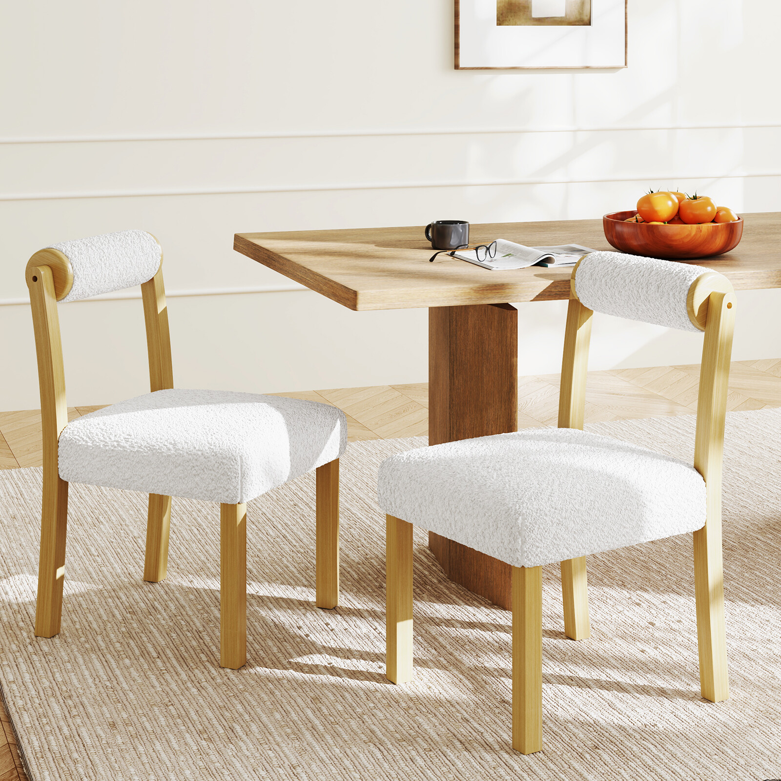 Wooden Dining Chair with Rubber Wood Frame and Cylinder Back Set of 2-White