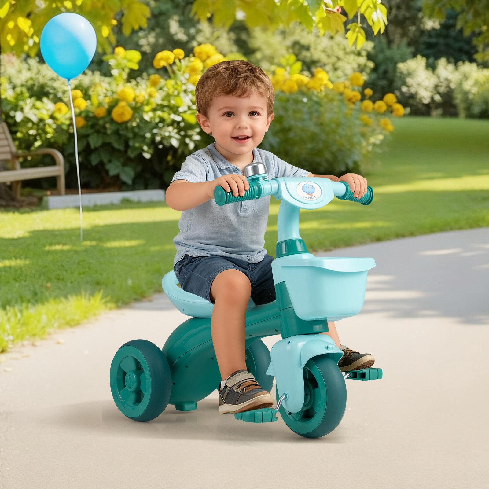 Toddler Tricycle with Limited Steering with Front Baskets and Bell-Green Toddler Tricycle with Limited Steering with Front Baskets and Bell-Green