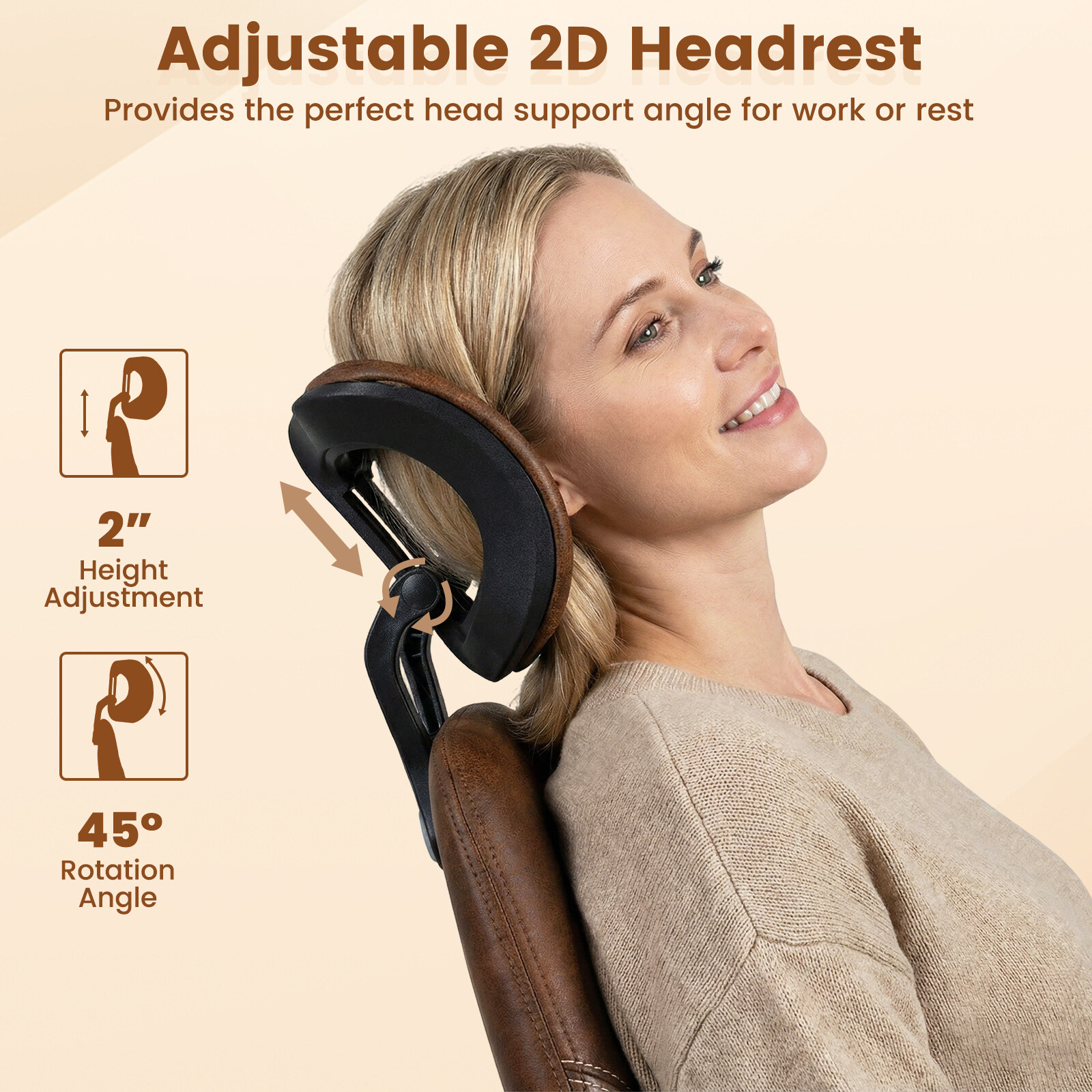Ergonoomiline kontoritool, arvutilaua tool, 2D peatoe ja kiiktooliga - pruun