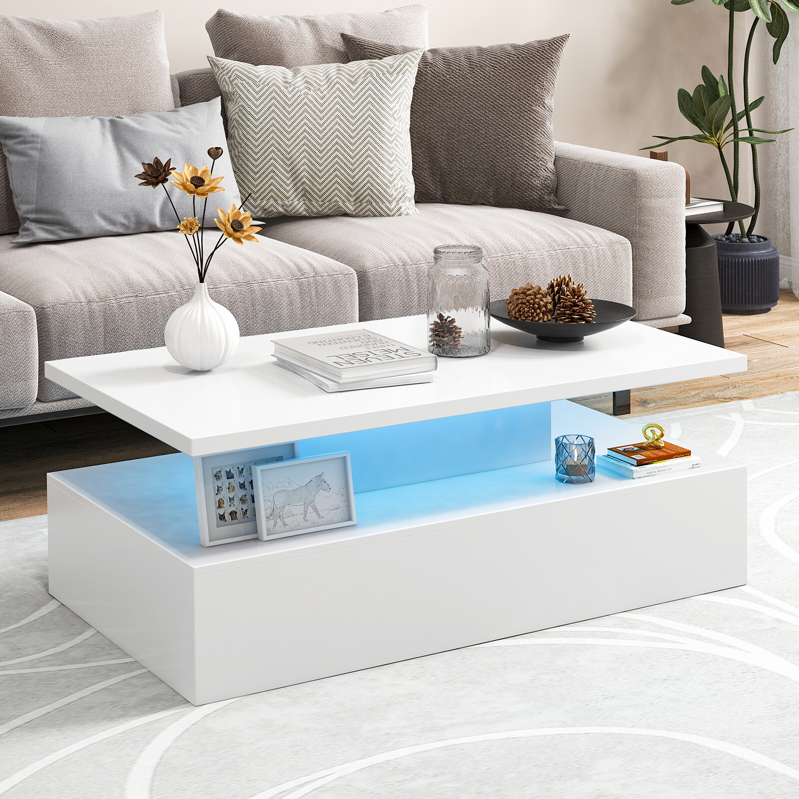 Modern 2-tier High Glossy Table with Adjustable Light Colors for Living Room-White