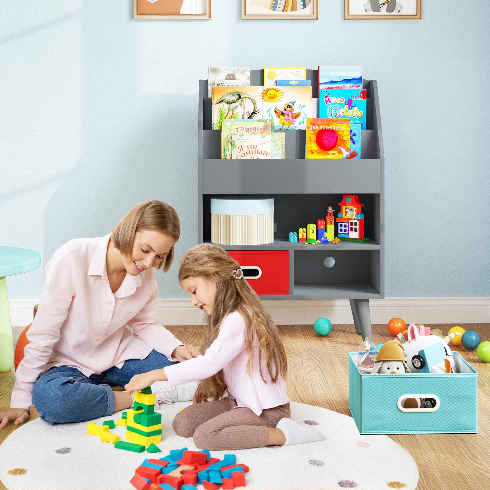 Kids Bookshelf with Open Compartment for Toddlers 3+ Years Old-Gray Kids Bookshelf with Open Compartment for Toddlers 3+ Years Old-Gray