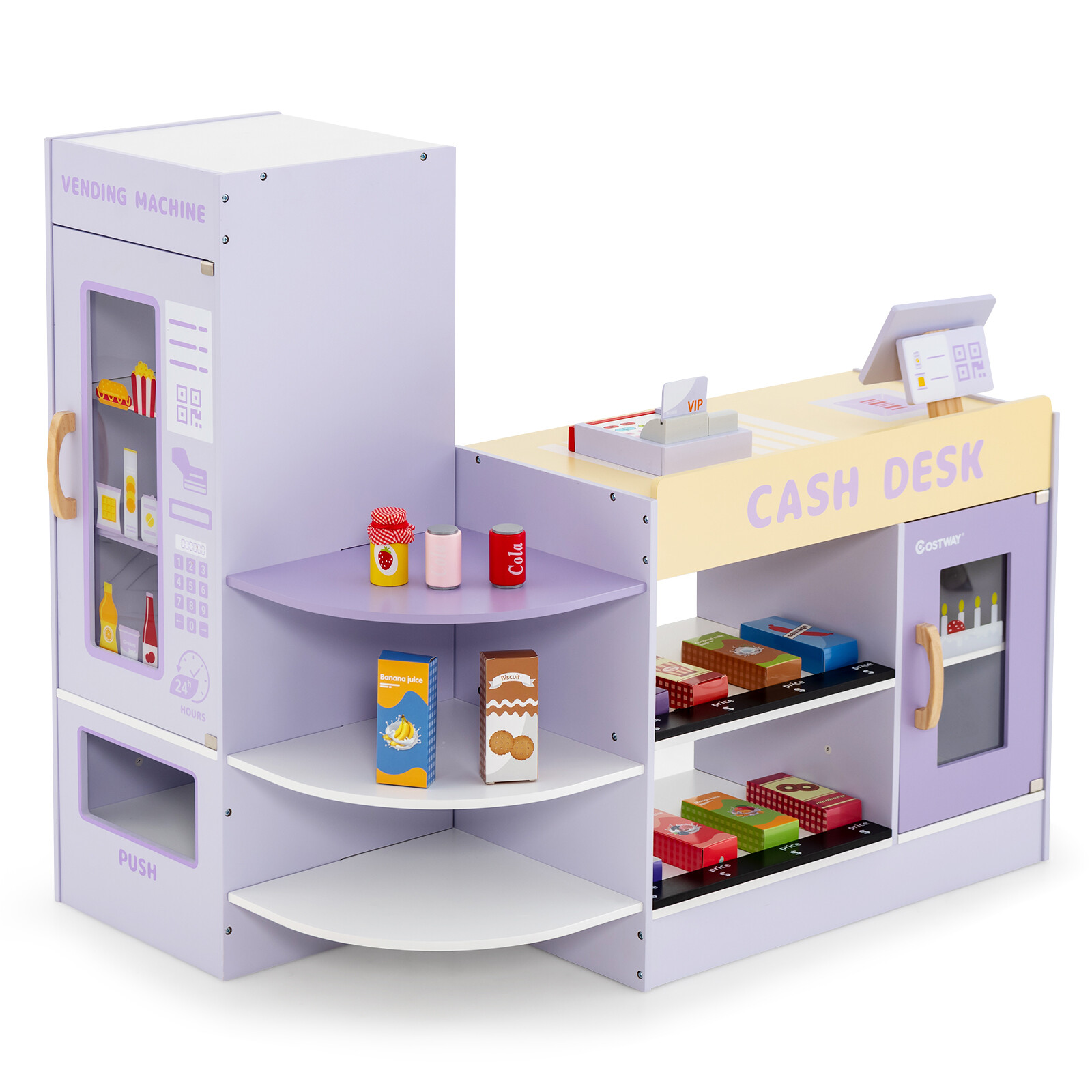 Costway Kids Wooden Supermarket Play Toy Set with Checkout Counter-Purple