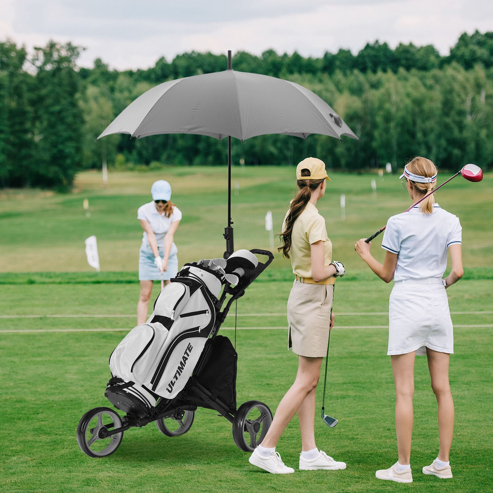 Kokkupandav 3-rattaline golfikäru koti ja tulemustabeliga, reguleeritava käepidemega - hall