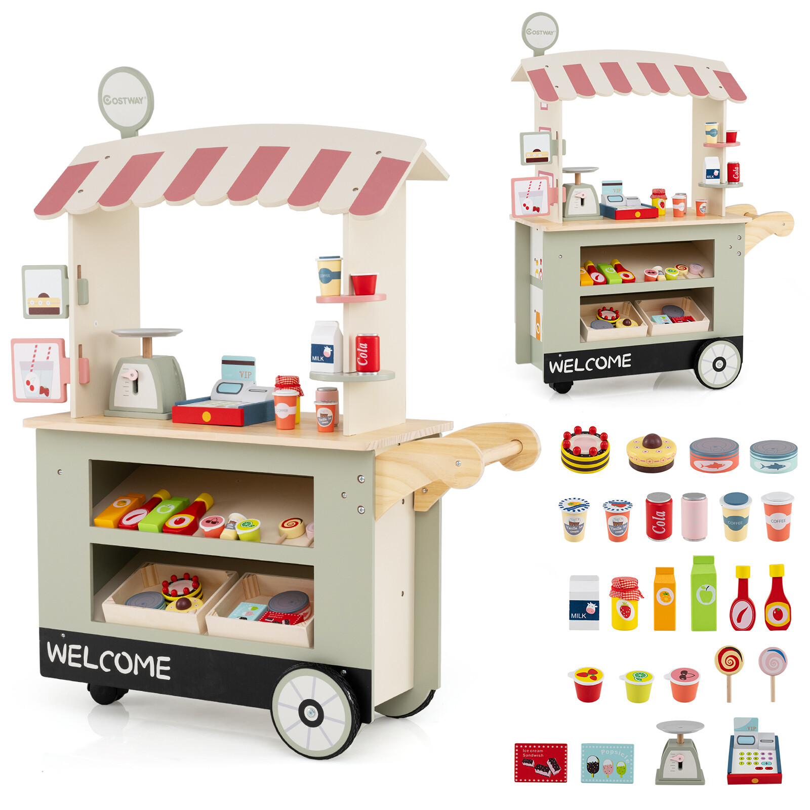 Costway Toy Cart Play Set with POS Machine and Lovely Scale-Green Costway Toy Cart Play Set with POS Machine and Lovely Scale-Green