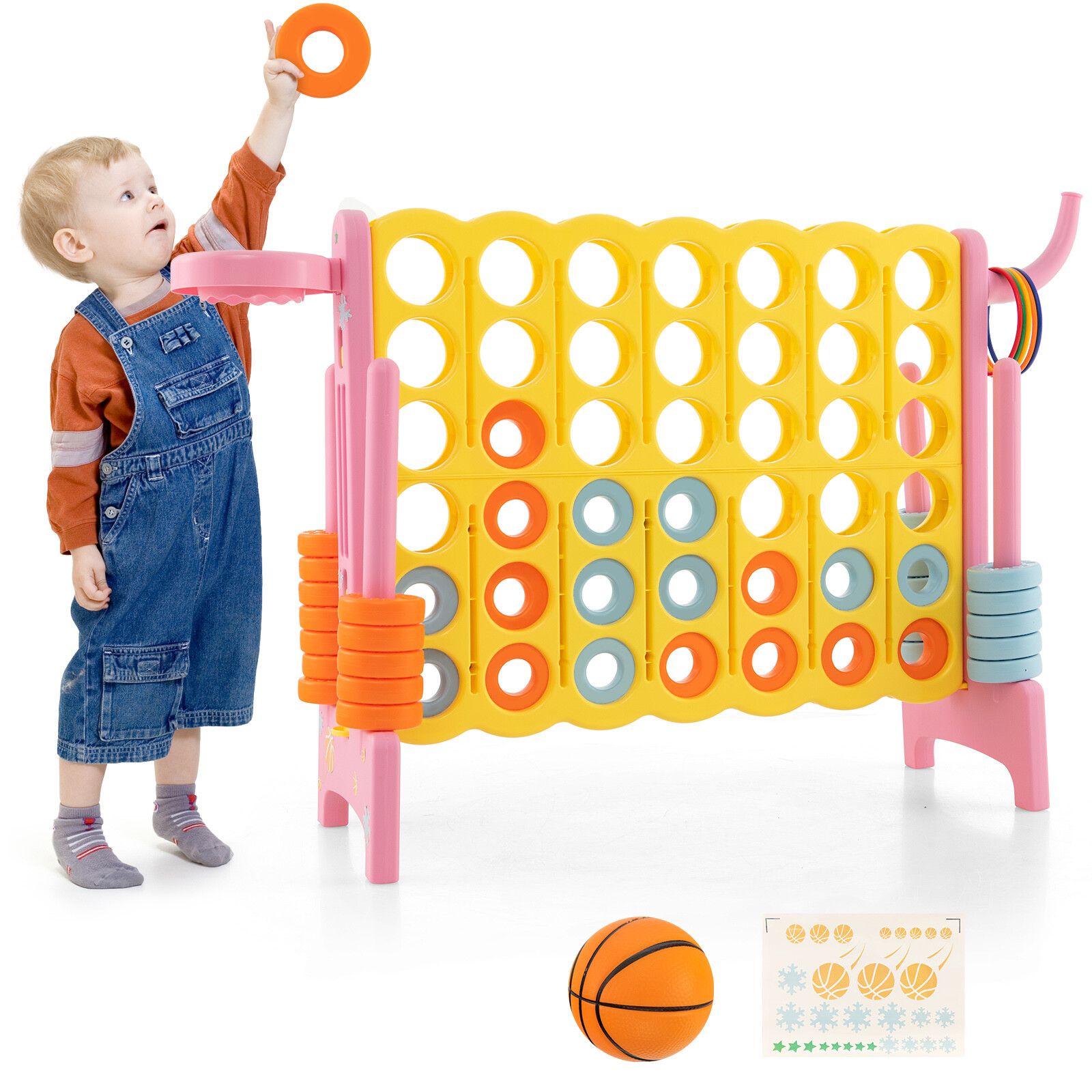 Costway 4-in-a-Row Connect Game with Basketball Hoop and Toss Ring-Pink Costway 4-in-a-Row Connect Game with Basketball Hoop and Toss Ring-Pink