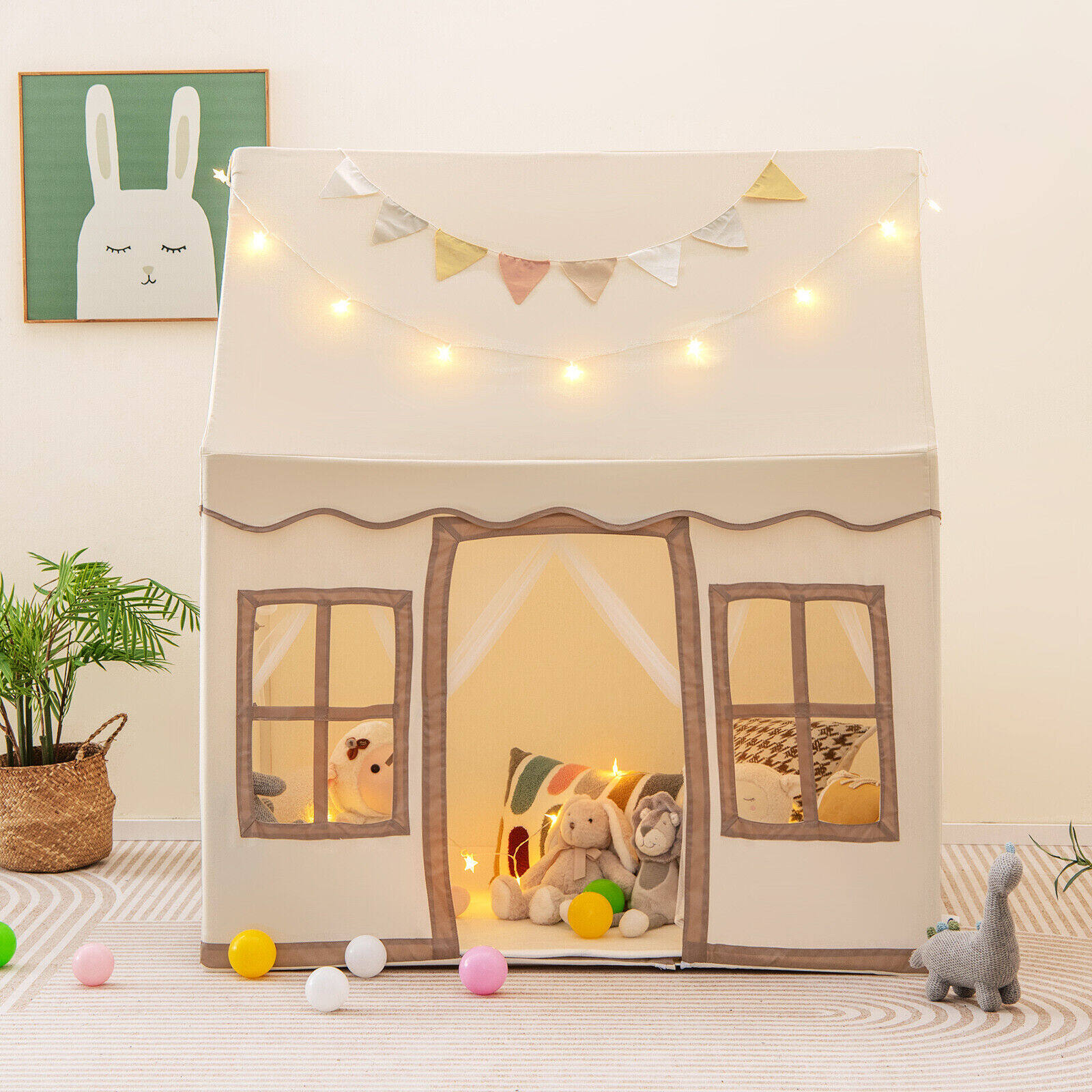 Toddler Large Playhouse with Star String Lights-Brown Toddler Large Playhouse with Star String Lights-Brown