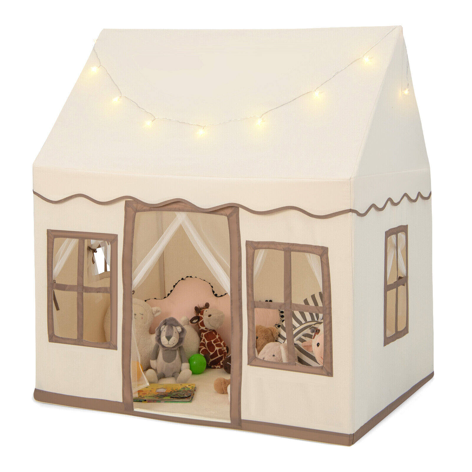 Costway Toddler Large Playhouse with Star String Lights-Brown Costway Toddler Large Playhouse with Star String Lights-Brown