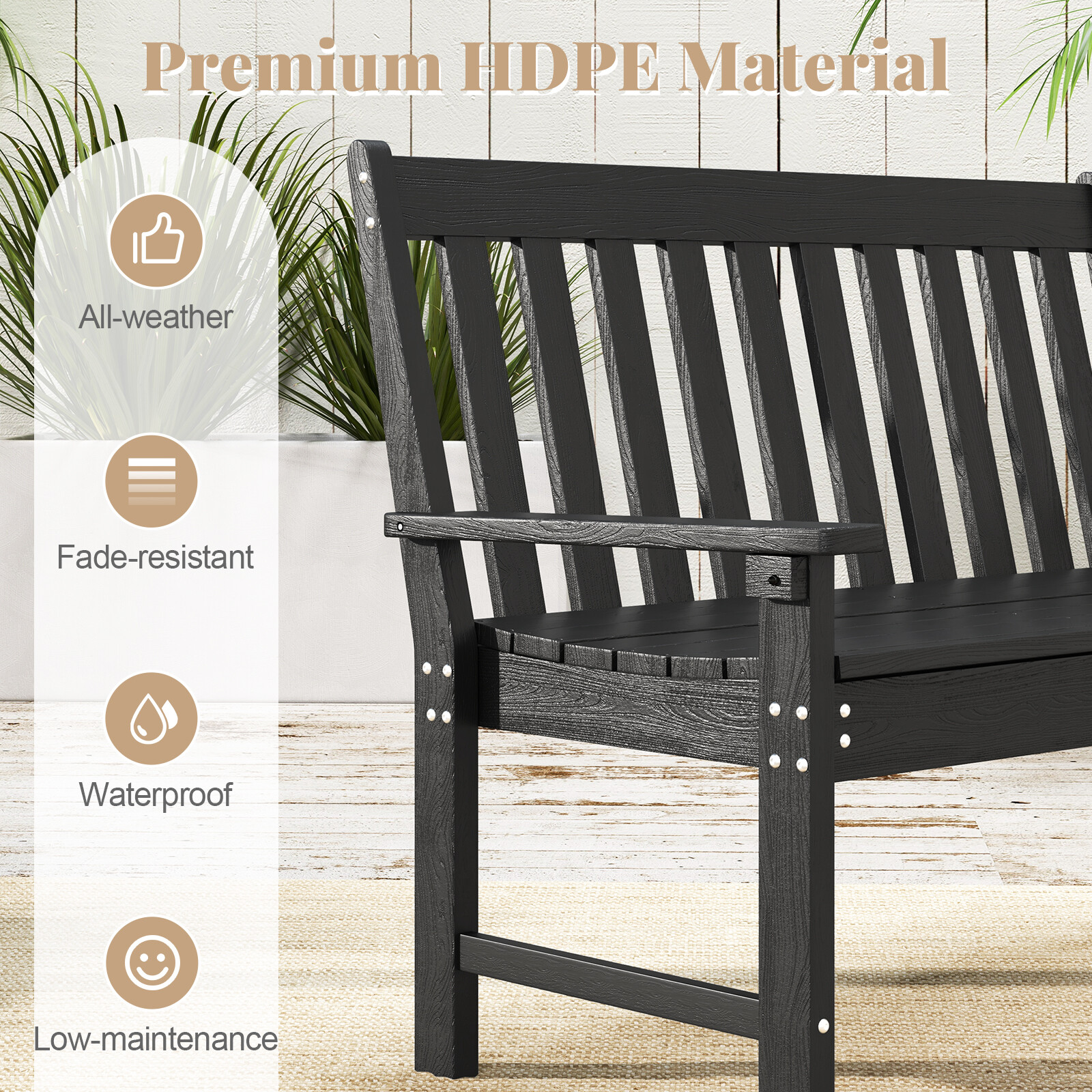 132 cm ilmastikukindel HDPE aiapink seljatoe ja käetugedega - must