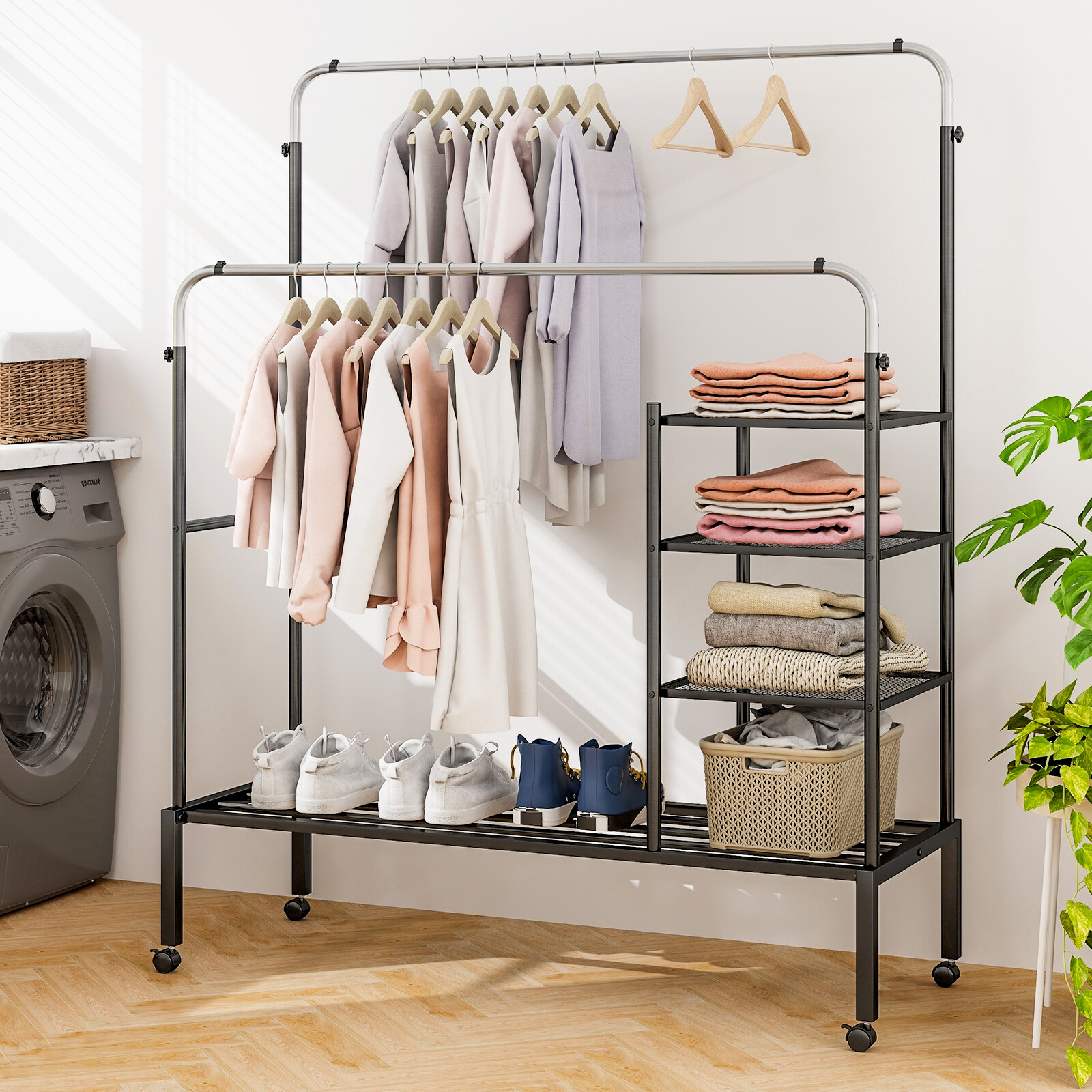 Rolling Double Rods Garment Rack with Height Adjustable Hanging Bars-Silver Rolling Double Rods Garment Rack with Height Adjustable Hanging Bars-Silver