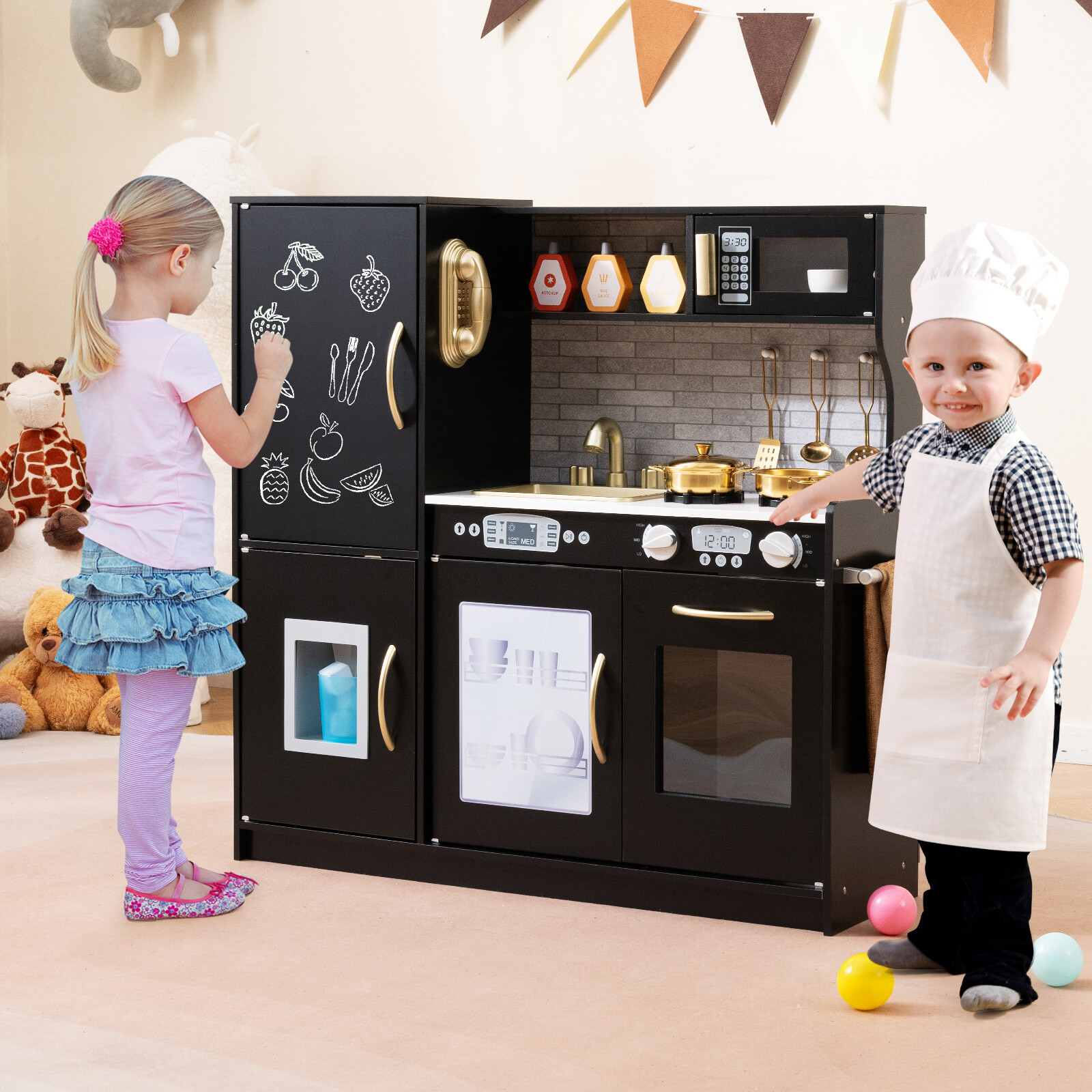 Toddler Pretend Play Kitchen for Boys and Girls 3-6 Years Old-Black Toddler Pretend Play Kitchen for Boys and Girls 3-6 Years Old-Black