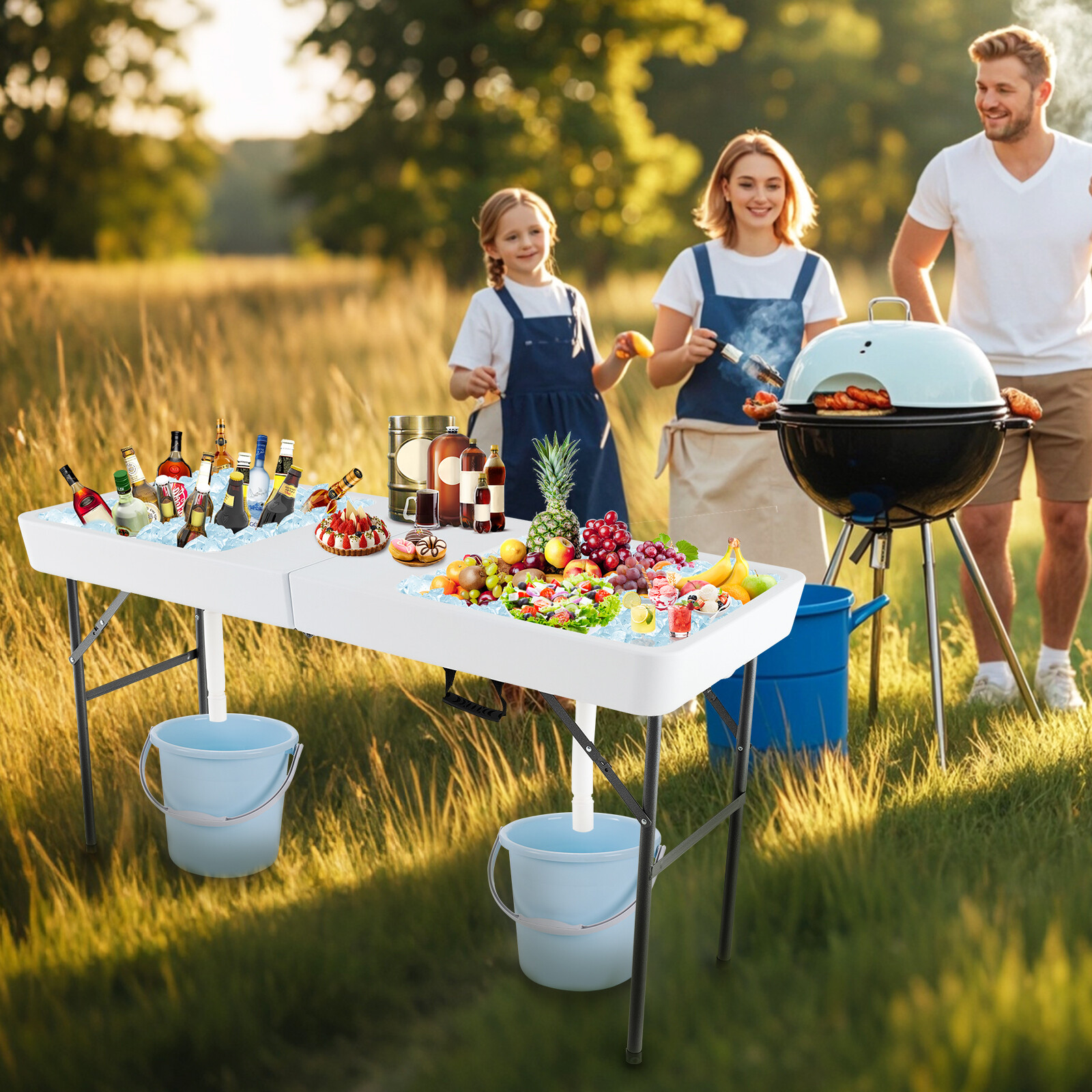 5 jala pikkune kokkupandav jääkülmlaud kahekordse valamuga telkimiseks, peoks, piknikuks, pulmadeks - valge