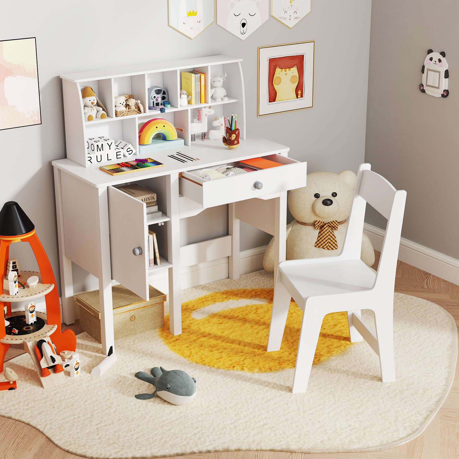 Kids Study Desk and Chair Set with Chair Hutch and Storage Cabinet for 3+ Years Old-White Kids Study Desk and Chair Set with Chair Hutch and Storage Cabinet for 3+ Years Old-White