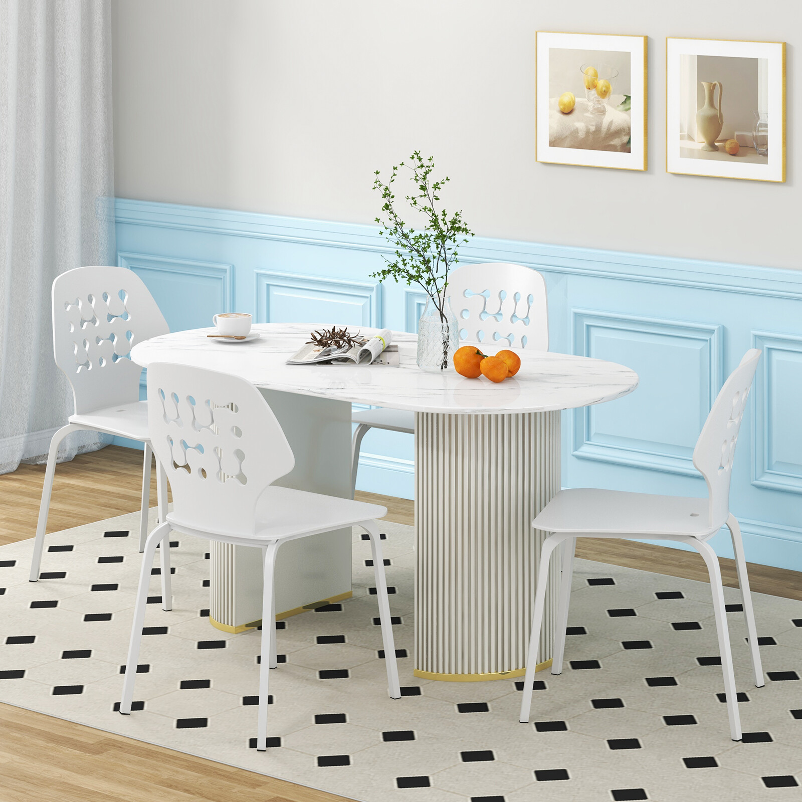 Set of 4 Metal Dining Chair with Hollowed Backrest and Metal Legs-White