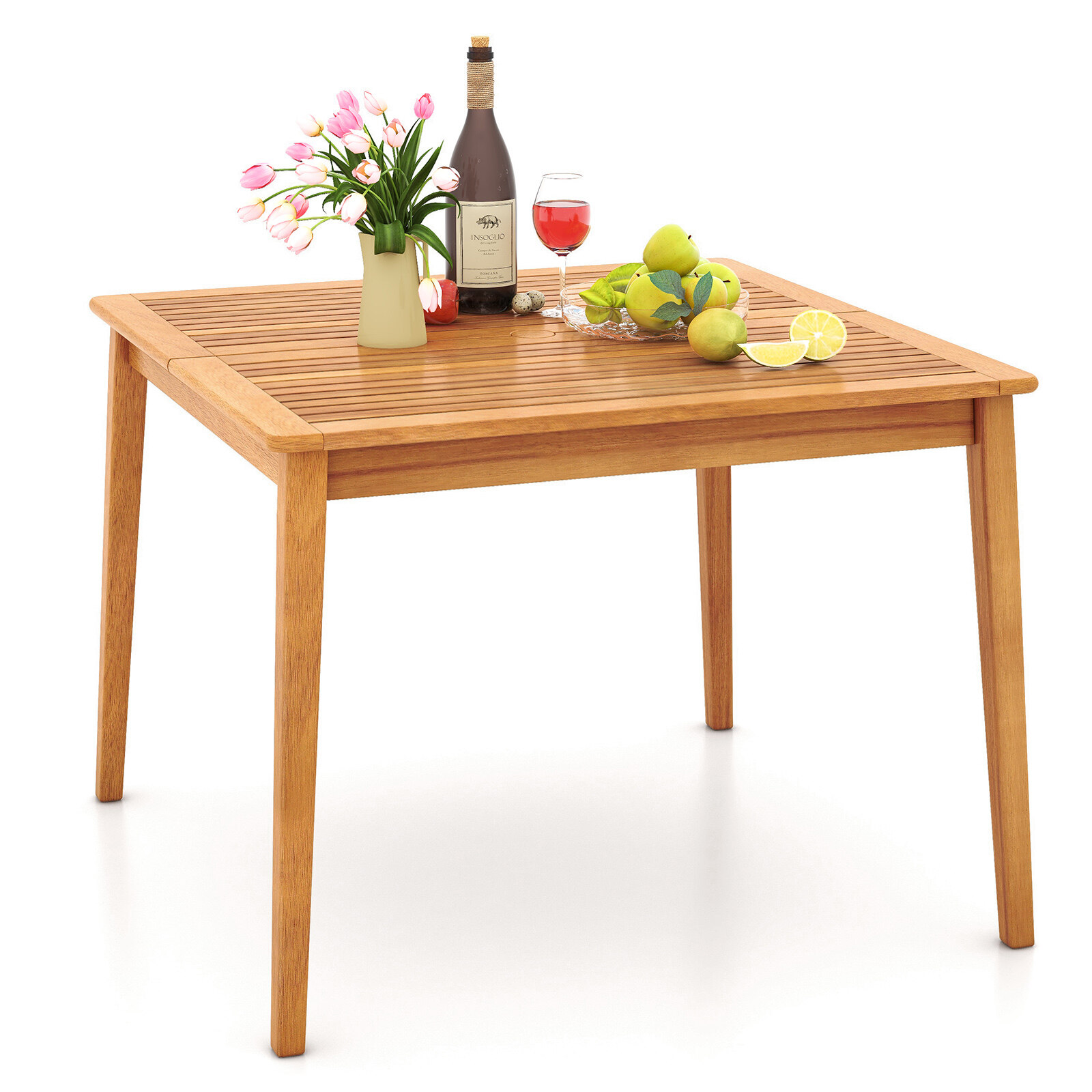 102 cm akaatsiapuidust söögilaud, kandiline, bistroolaud, 5 cm vihmavarjuavaga