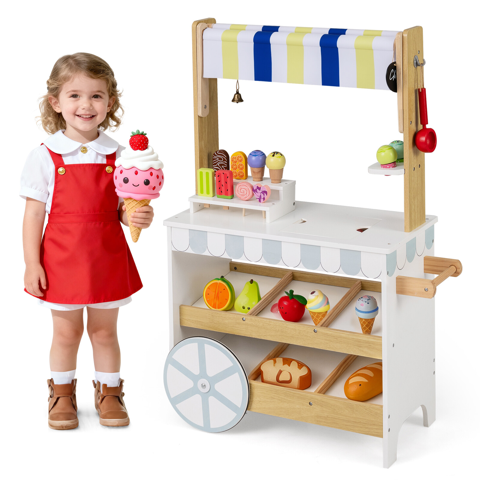 Costway Wooden Ice Cream Cart for Kids 2-in-1 Grocery Store Playset with Display Shelves-White Costway Wooden Ice Cream Cart for Kids 2-in-1 Grocery Store Playset with Display Shelves-White