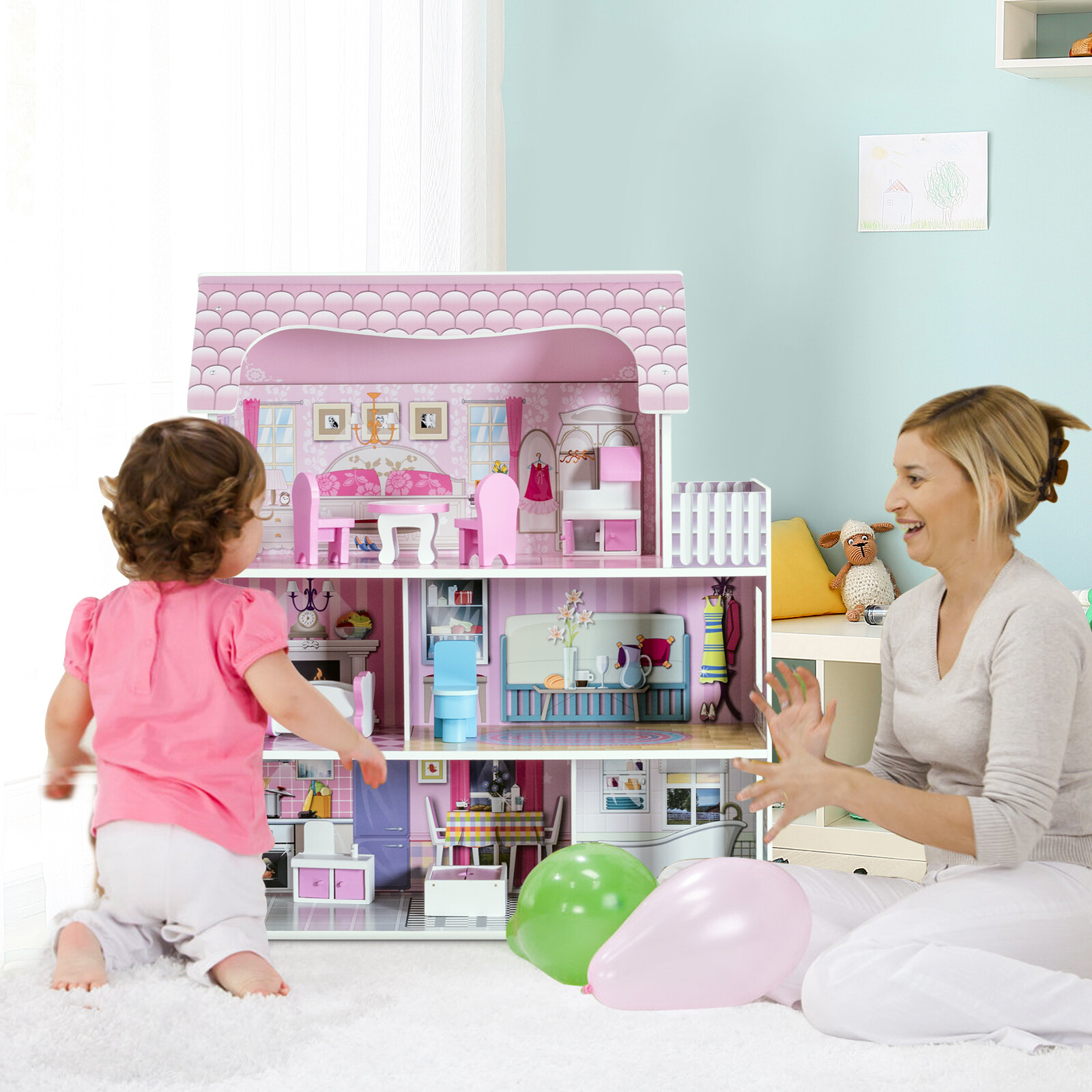 28 Inch Pink Dollhouse with Furniture 28 Inch Pink Dollhouse with Furniture