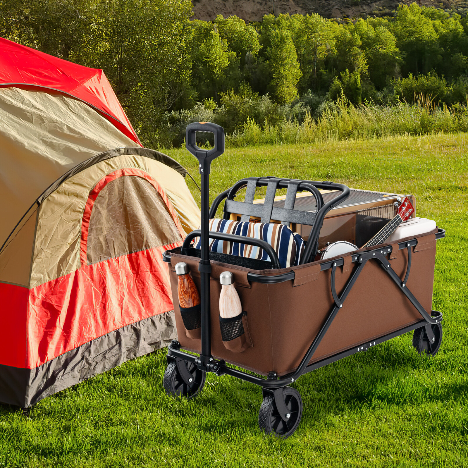 Collapsible Folding Wagon Cart with Adjustable Handlebar-Coffee Collapsible Folding Wagon Cart with Adjustable Handlebar-Coffee