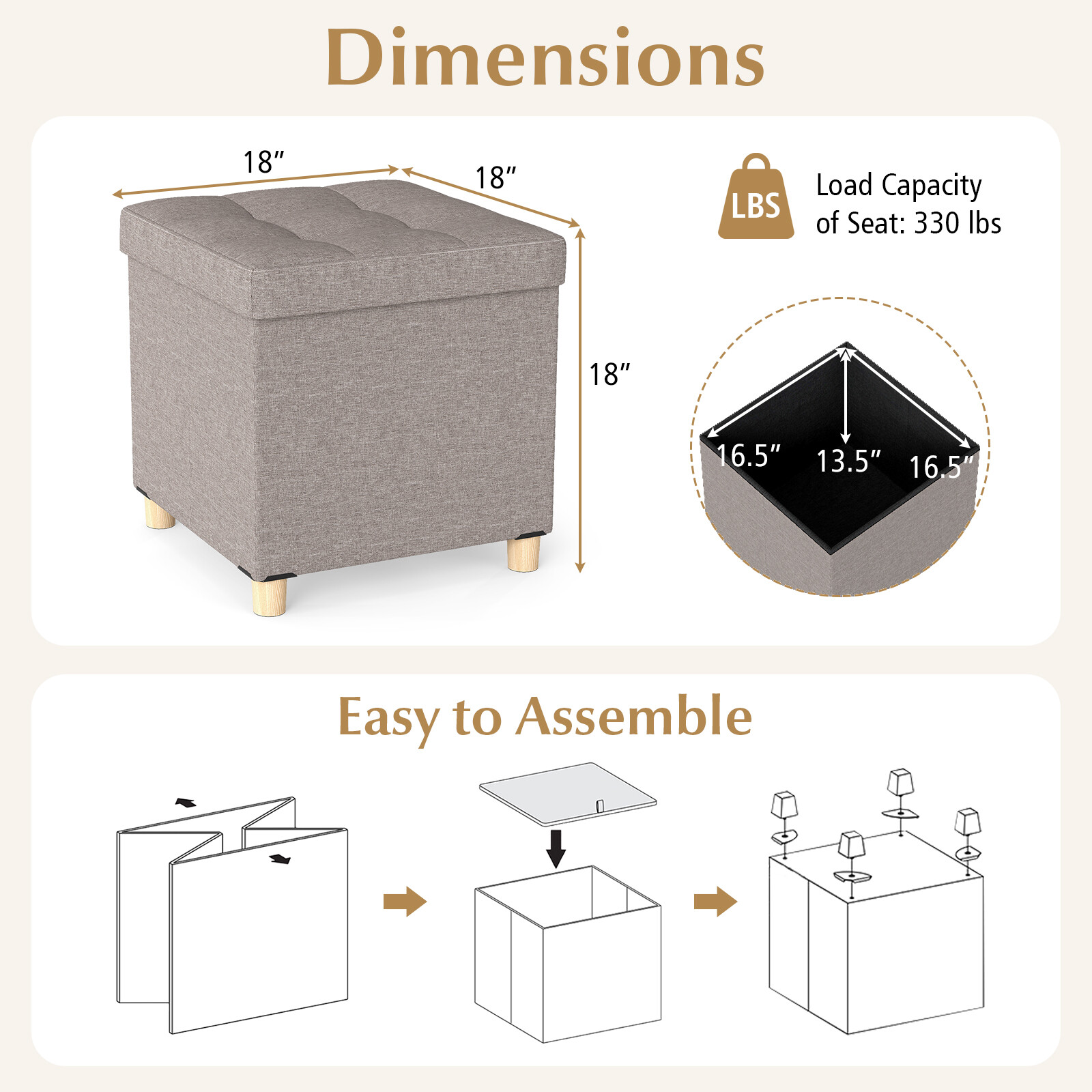 46 cm Ottoman hoiuruumi ja kummipuidust jalgadega - hall