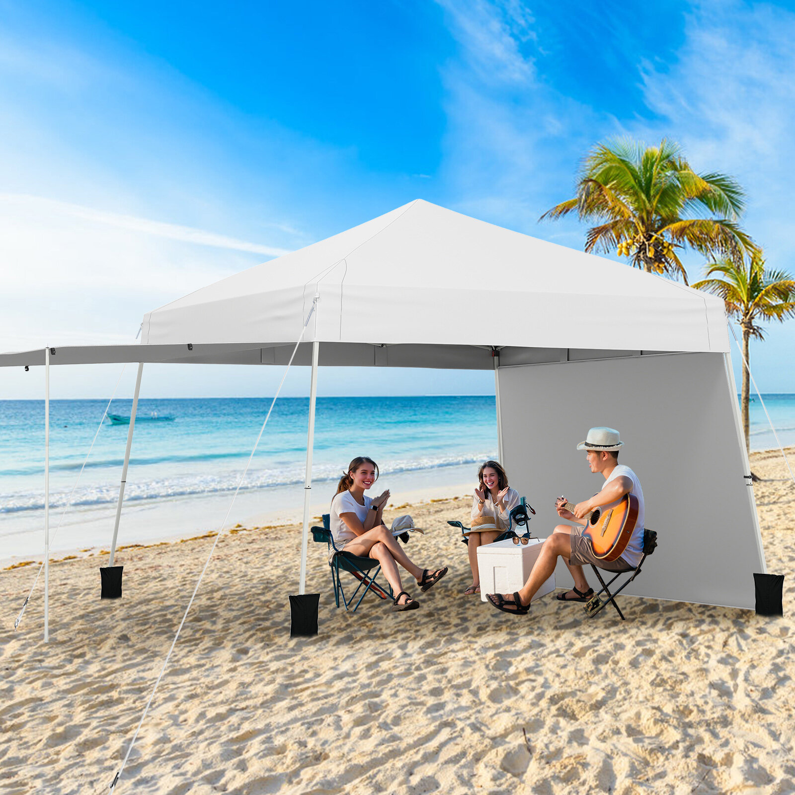 14 x 9.2 Feet Pop up Canopy Tent with 2 Convertible Sidewalls to Awning and Stakes-White 14 x 9.2 Feet Pop up Canopy Tent with 2 Convertible Sidewalls to Awning and Stakes-White