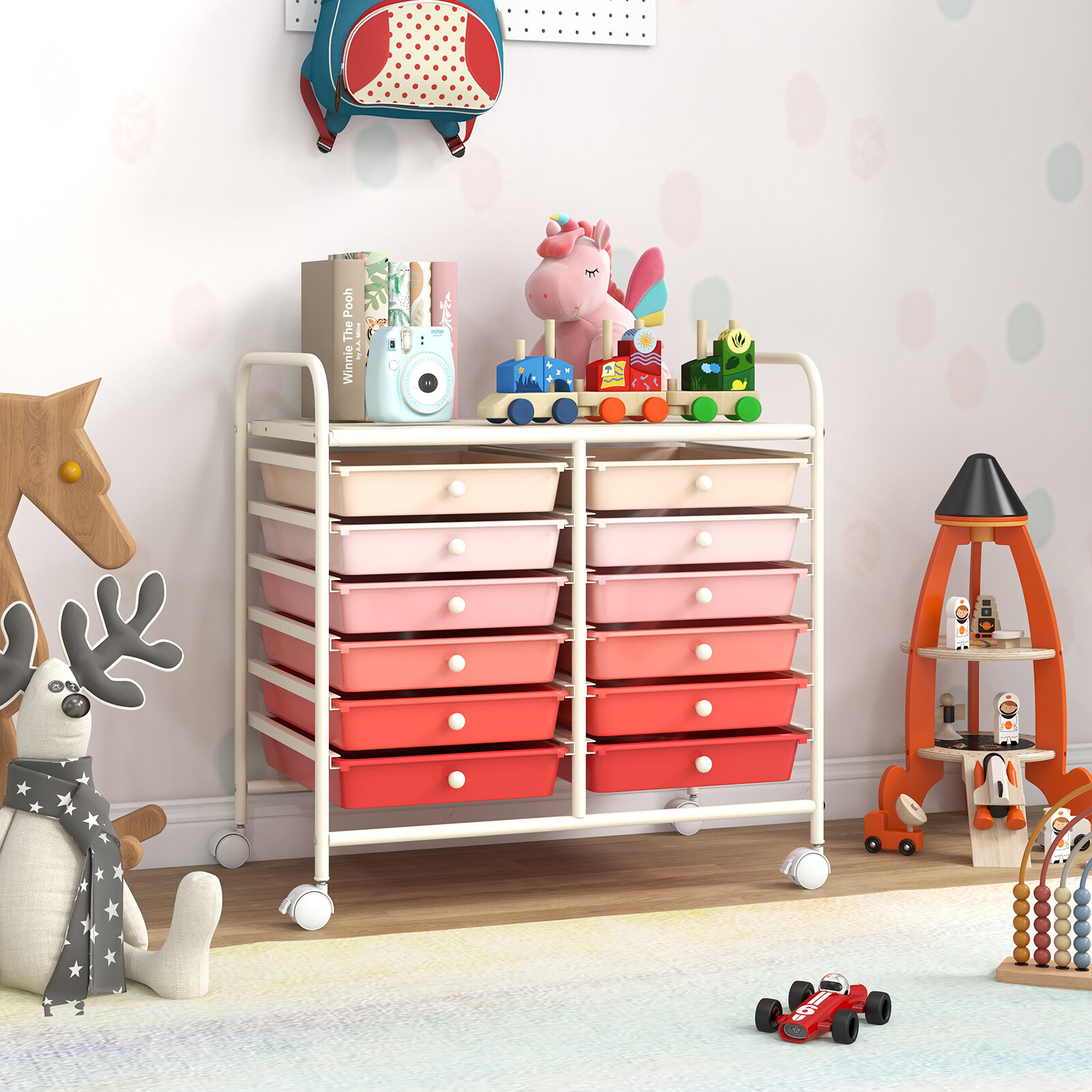 12 Drawers Rolling Storage Cart for Home and Office-Pink