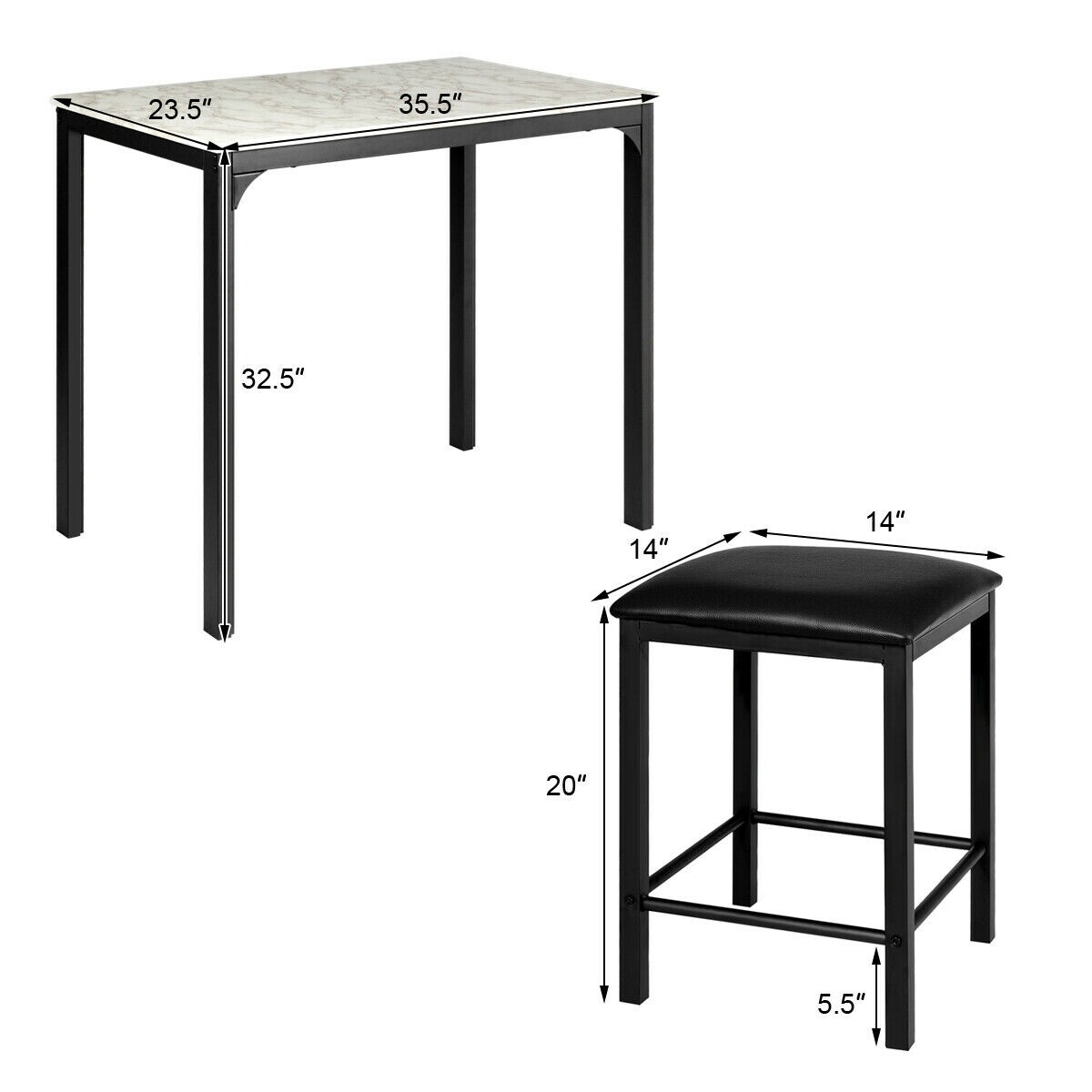 3-osaline söögilauakomplekt, kunstmarmorist laud, valge