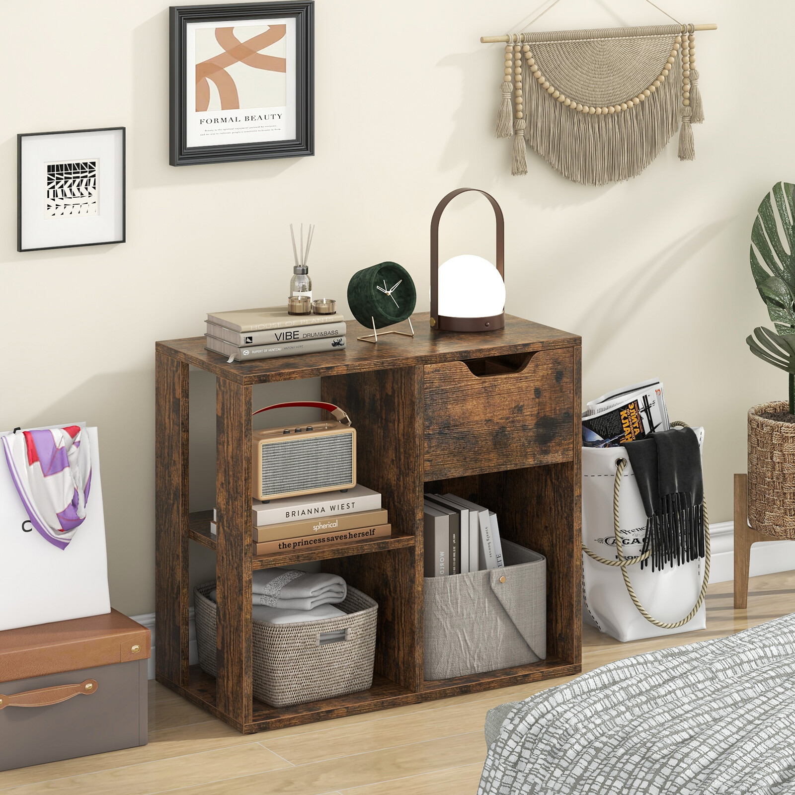 3-Cube Bookcase 2-tier Wooden Storage Shelf with Pull-out Drawer-Brown 3-Cube Bookcase 2-tier Wooden Storage Shelf with Pull-out Drawer-Brown