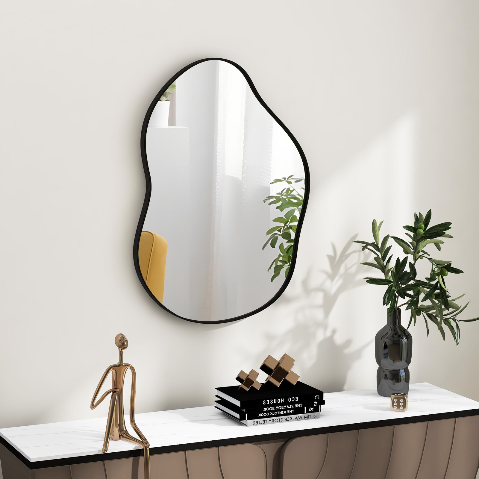 56 cm x 77 cm ebakorrapärane seinale kinnitatav peegel kvaliteetse tagalauaga – must