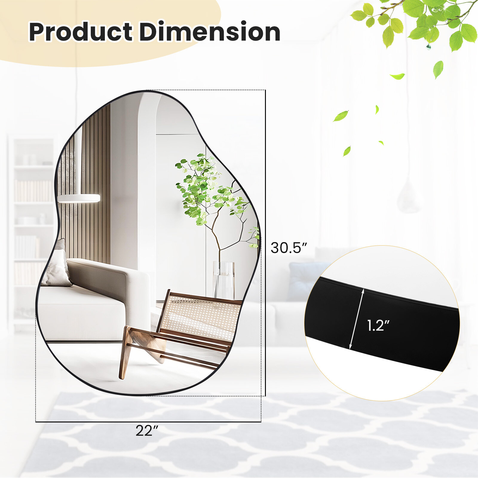 56 cm x 77 cm ebakorrapärane seinale kinnitatav peegel kvaliteetse tagalauaga – must