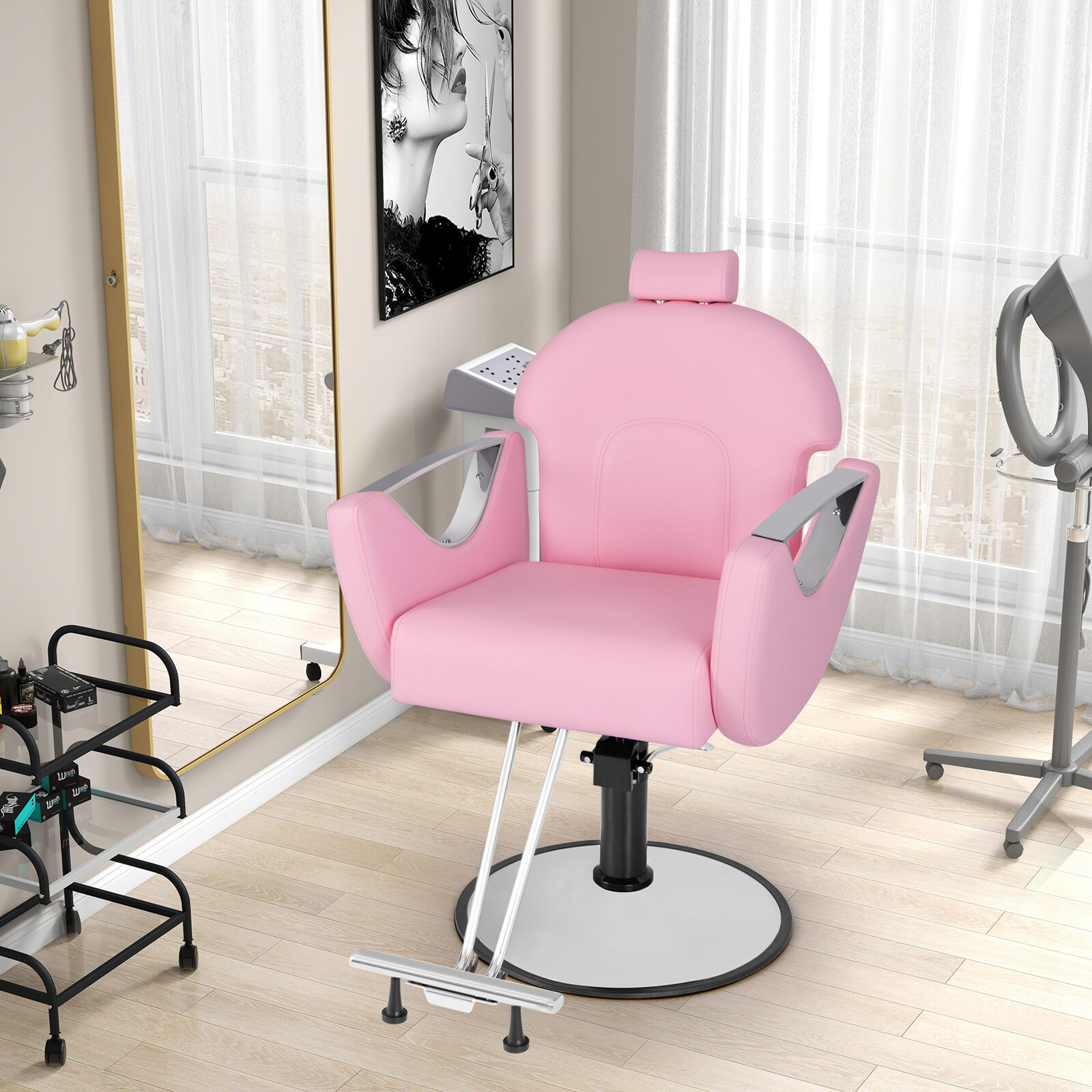 360°Swivel Reclining Salon Chair for Hair Stylist-Pink 360°Swivel Reclining Salon Chair for Hair Stylist-Pink