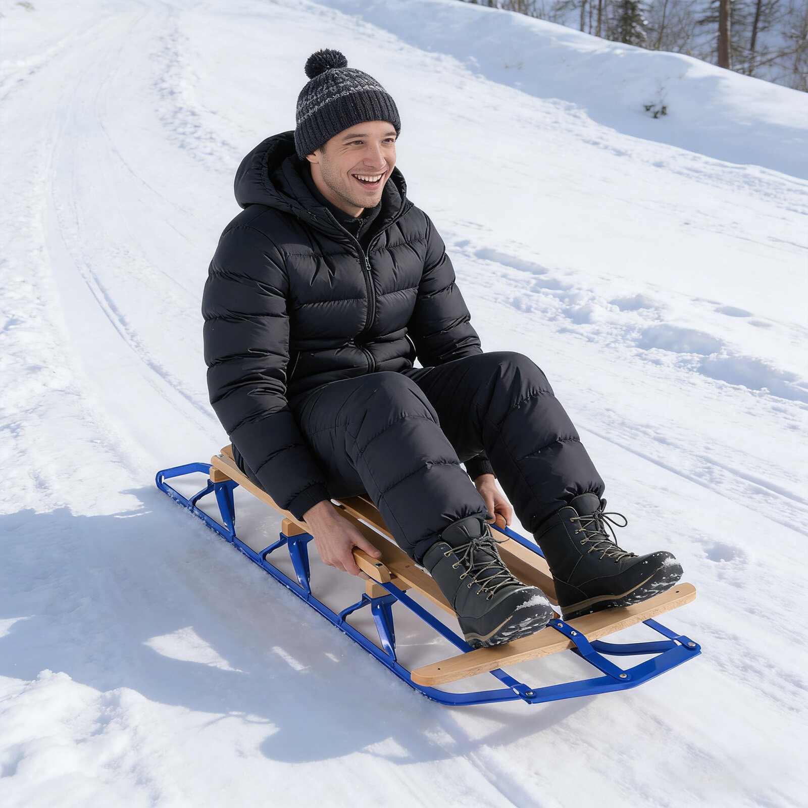 137 cm puidust lumekelk metalljalaste ja juhtkangiga – sinine
