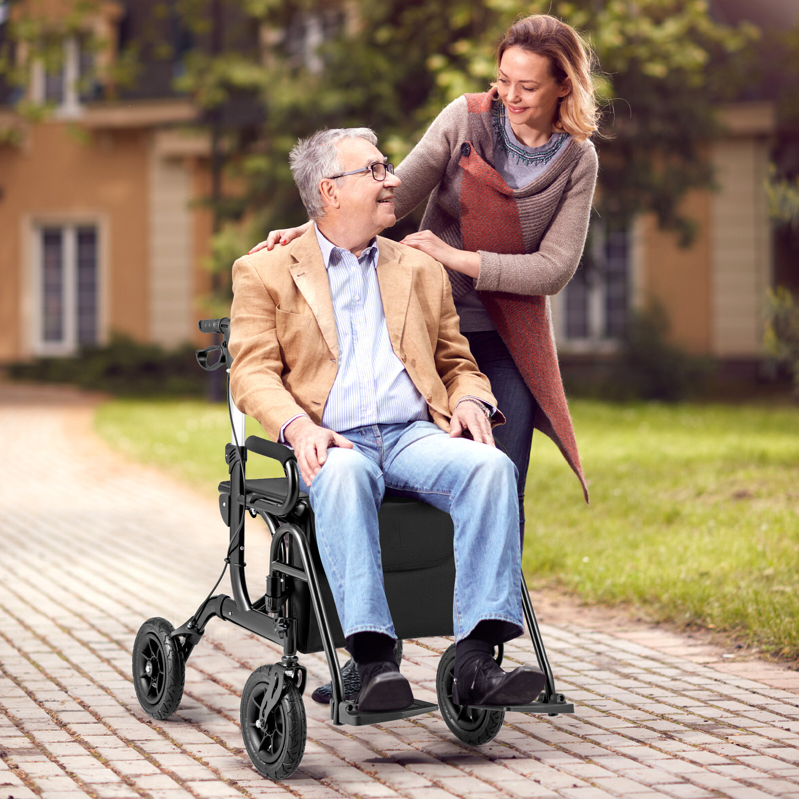 2-in-1 Foldable Rollator Walker with Seat abd 9 Inch Pneumatic Tires for Seniors-Black 2-in-1 Foldable Rollator Walker with Seat abd 9 Inch Pneumatic Tires for Seniors-Black