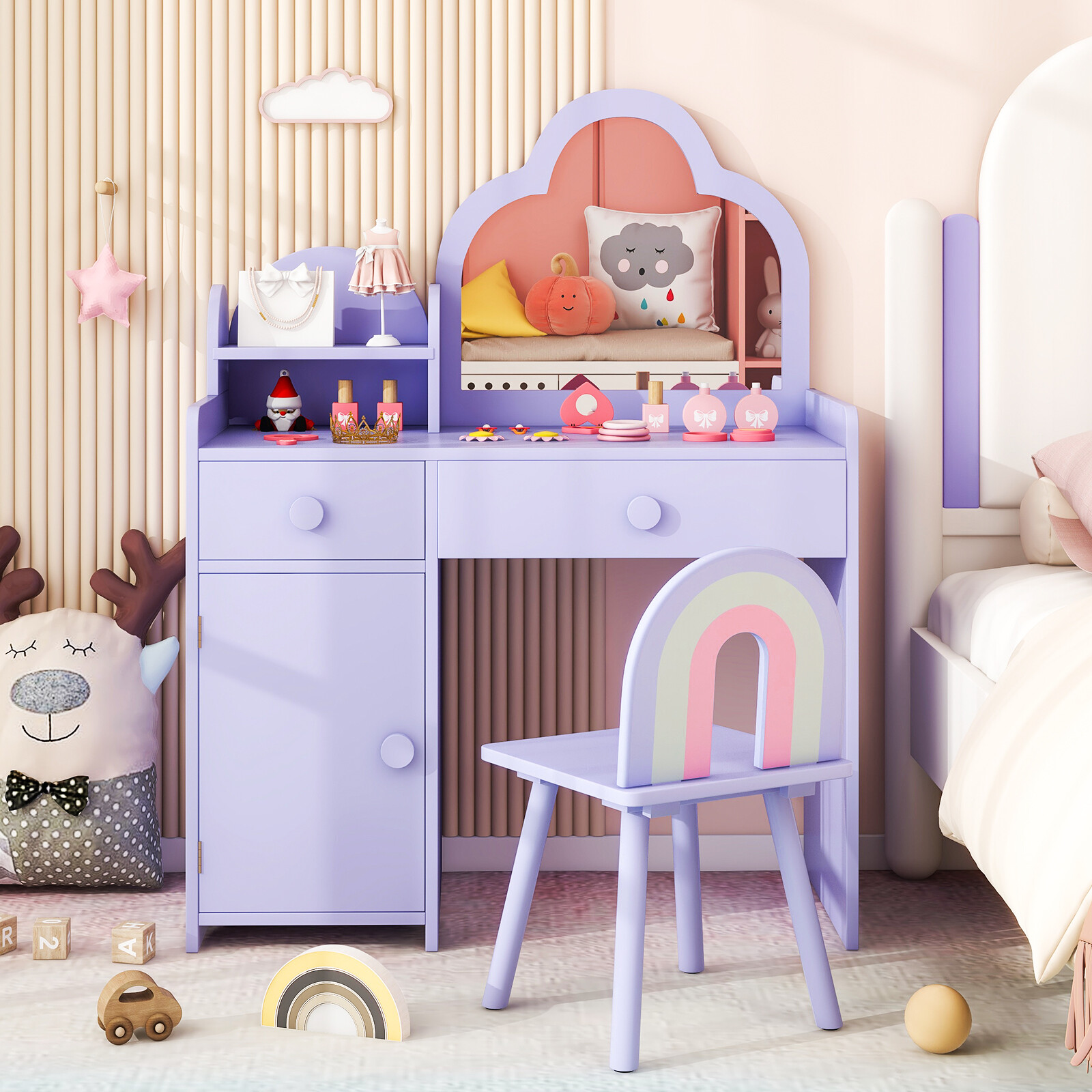 Kids Vanity Table and Chair Set with Cloud-shaped Mirror and Open Shelf-Purple