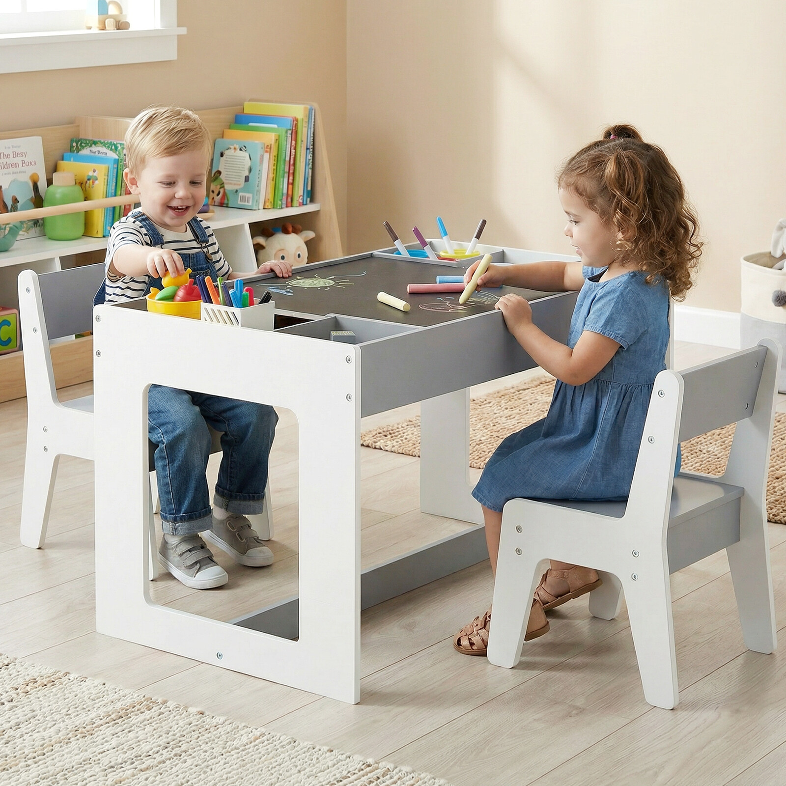 Multifunctional Kids Table and 2 Chairs Set with Chalkboard-Gray Multifunctional Kids Table and 2 Chairs Set with Chalkboard-Gray