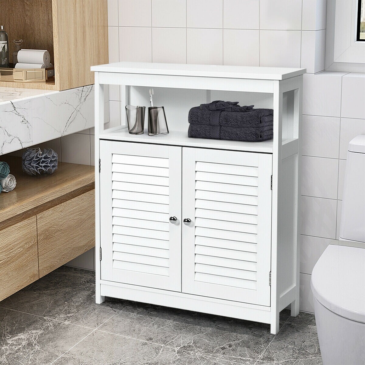 Wood Freestanding Bathroom Storage Cabinet with Double Shutter Door-White Wood Freestanding Bathroom Storage Cabinet with Double Shutter Door-White