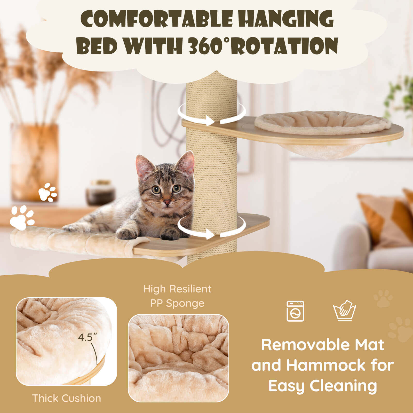 Moodne kõrge kassipuu torn kraapimispostide ja pestavate mattidega - beež