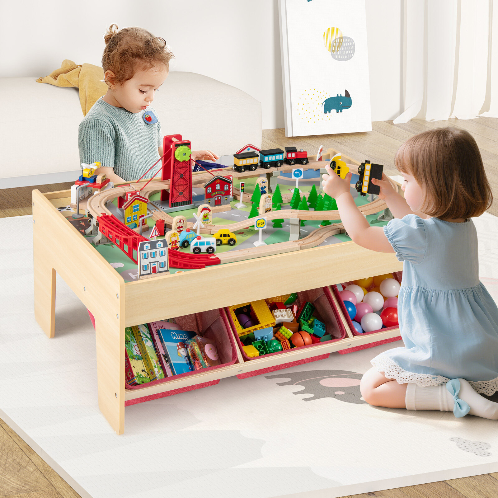 Wooden Train Set Table Kids Multipurpose Activity Play Table with 2 Reversible Tabletops-Red Wooden Train Set Table Kids Multipurpose Activity Play Table with 2 Reversible Tabletops-Red