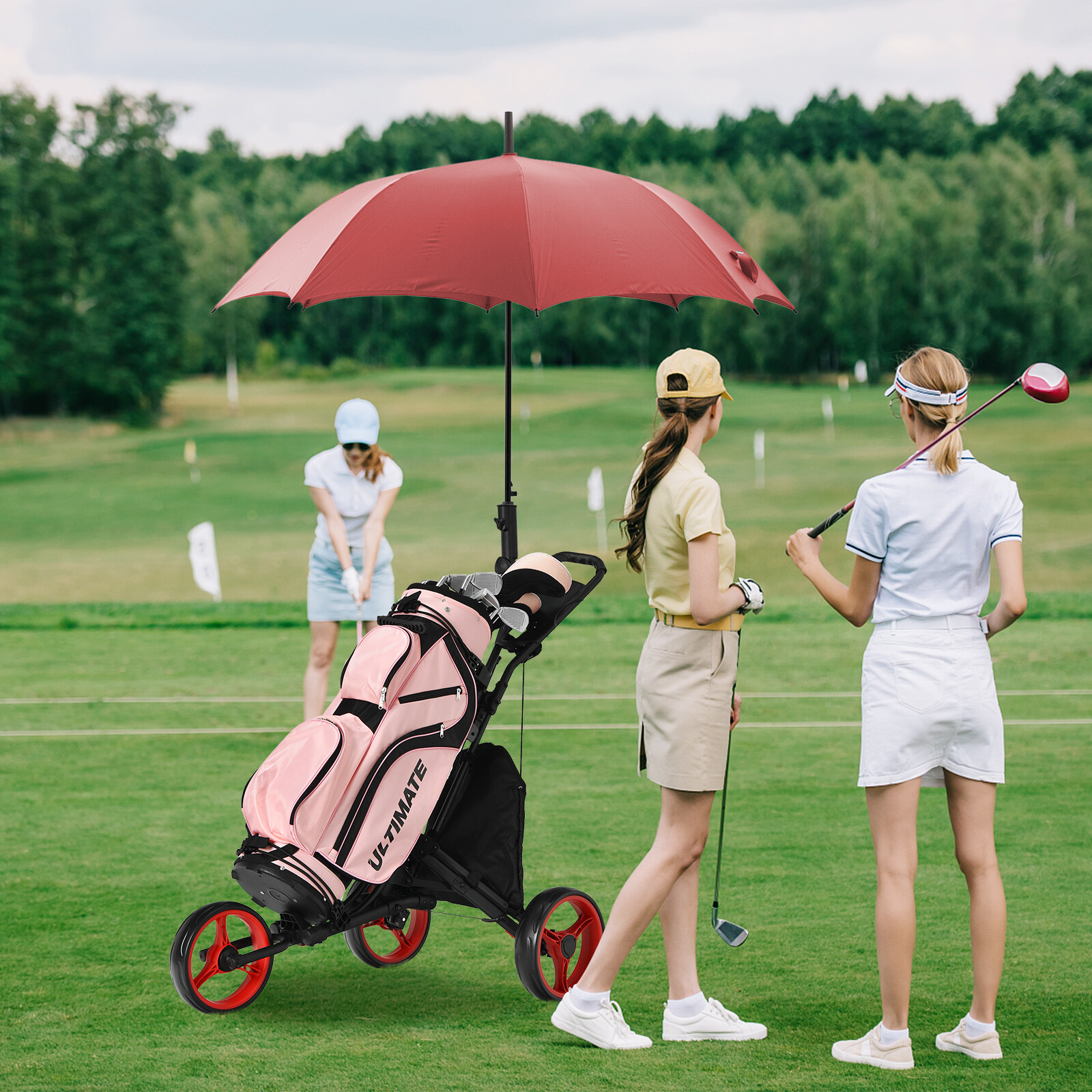 Folding 3 Wheels Golf Push Cart with Bag Scoreboard Adjustable Handle-Red