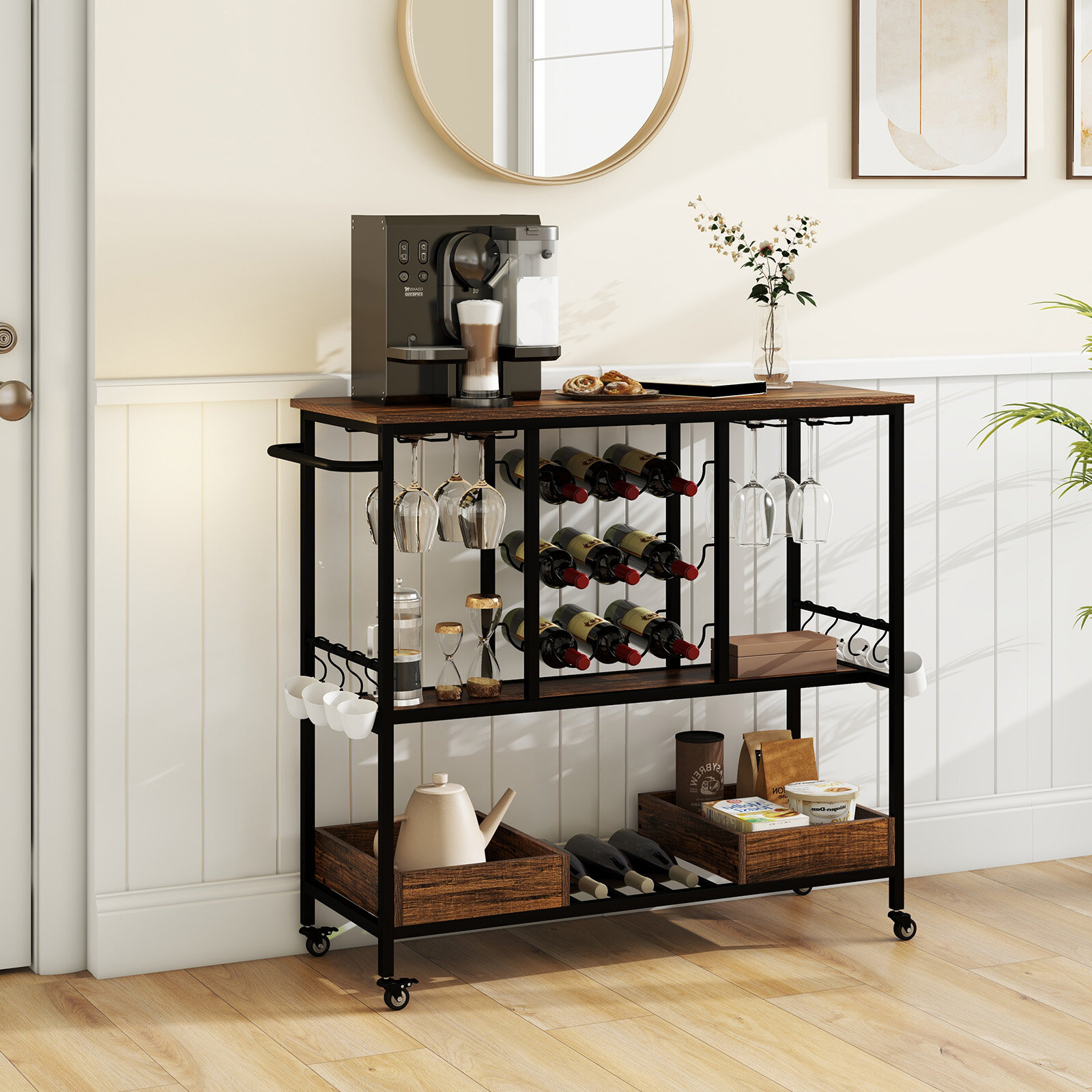 3 Tiers Bar Cart on Wheels with Glass Racks-Rustic Brown 3 Tiers Bar Cart on Wheels with Glass Racks-Rustic Brown
