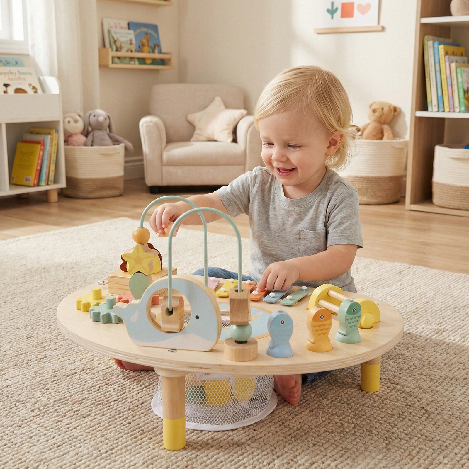 7-ühes väikelapse tegevuslaud Montessori sensoorne mänguasi alates 12. elukuust puidust muusikaline mängulaud