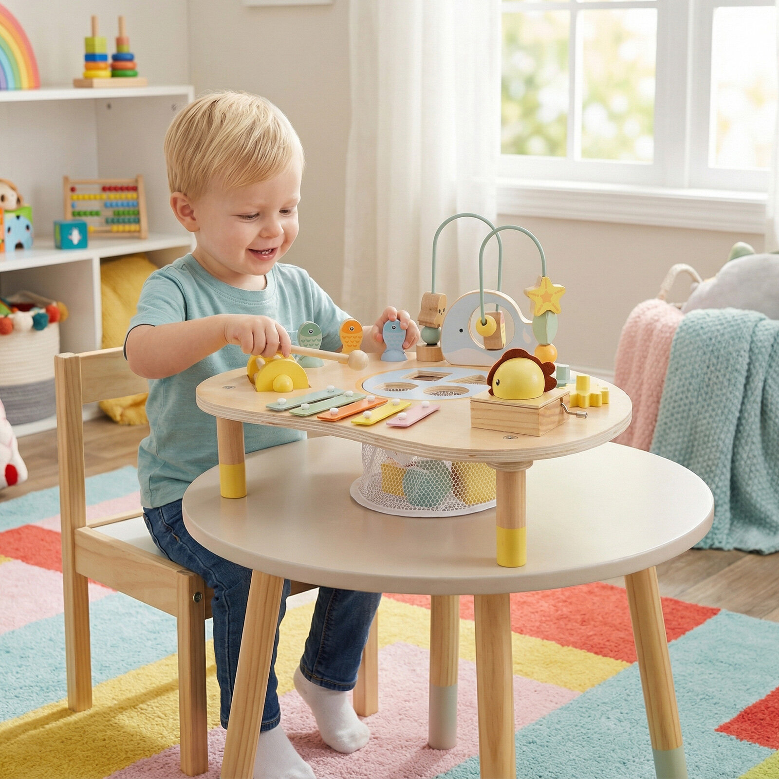 7-ühes väikelapse tegevuslaud Montessori sensoorne mänguasi alates 12. elukuust puidust muusikaline mängulaud