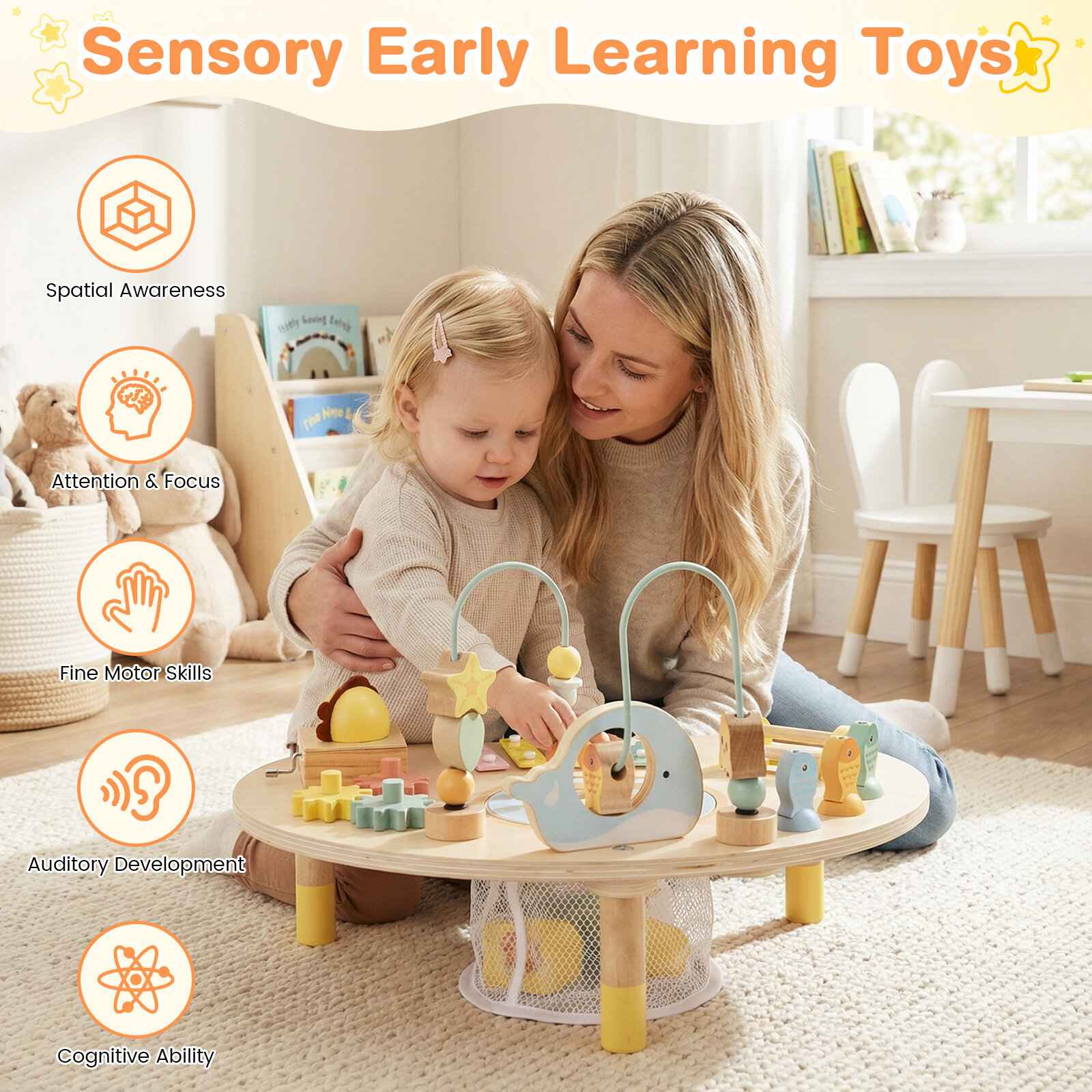 7-ühes väikelapse tegevuslaud Montessori sensoorne mänguasi alates 12. elukuust puidust muusikaline mängulaud