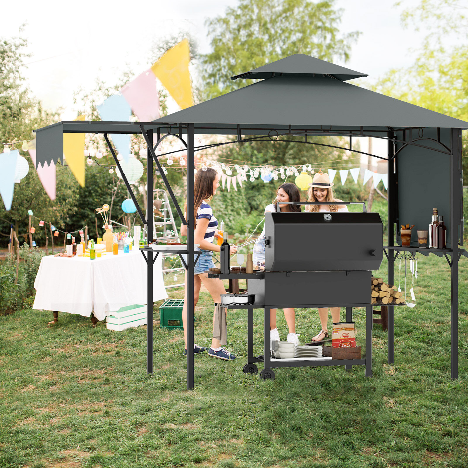 13 x 5 Feet Grill Gazebo with Dual Side Awnings and 2 Shelves Adjustable Shadow-Gray 13 x 5 Feet Grill Gazebo with Dual Side Awnings and 2 Shelves Adjustable Shadow-Gray