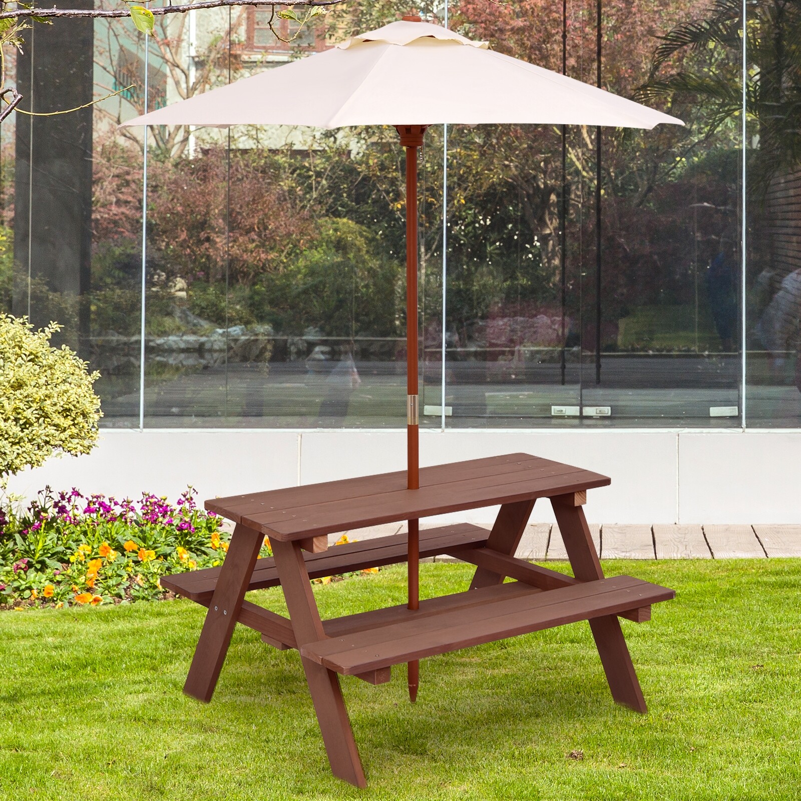 Outdoor 4-Seat Kid’s Picnic Table Bench with Umbrella