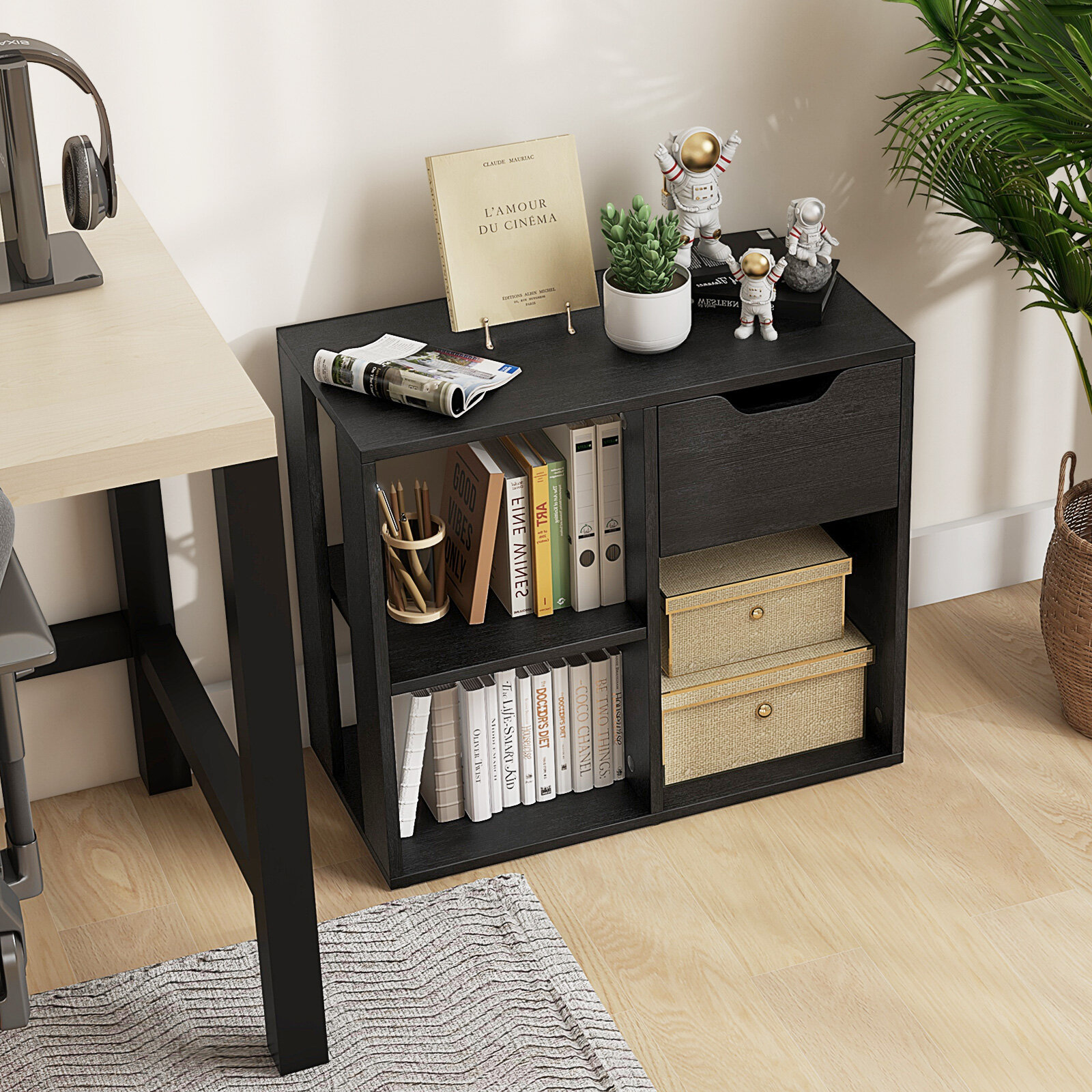 3-Cube Bookcase 2-tier Wooden Storage Shelf with Pull-out Drawer-Black 3-Cube Bookcase 2-tier Wooden Storage Shelf with Pull-out Drawer-Black