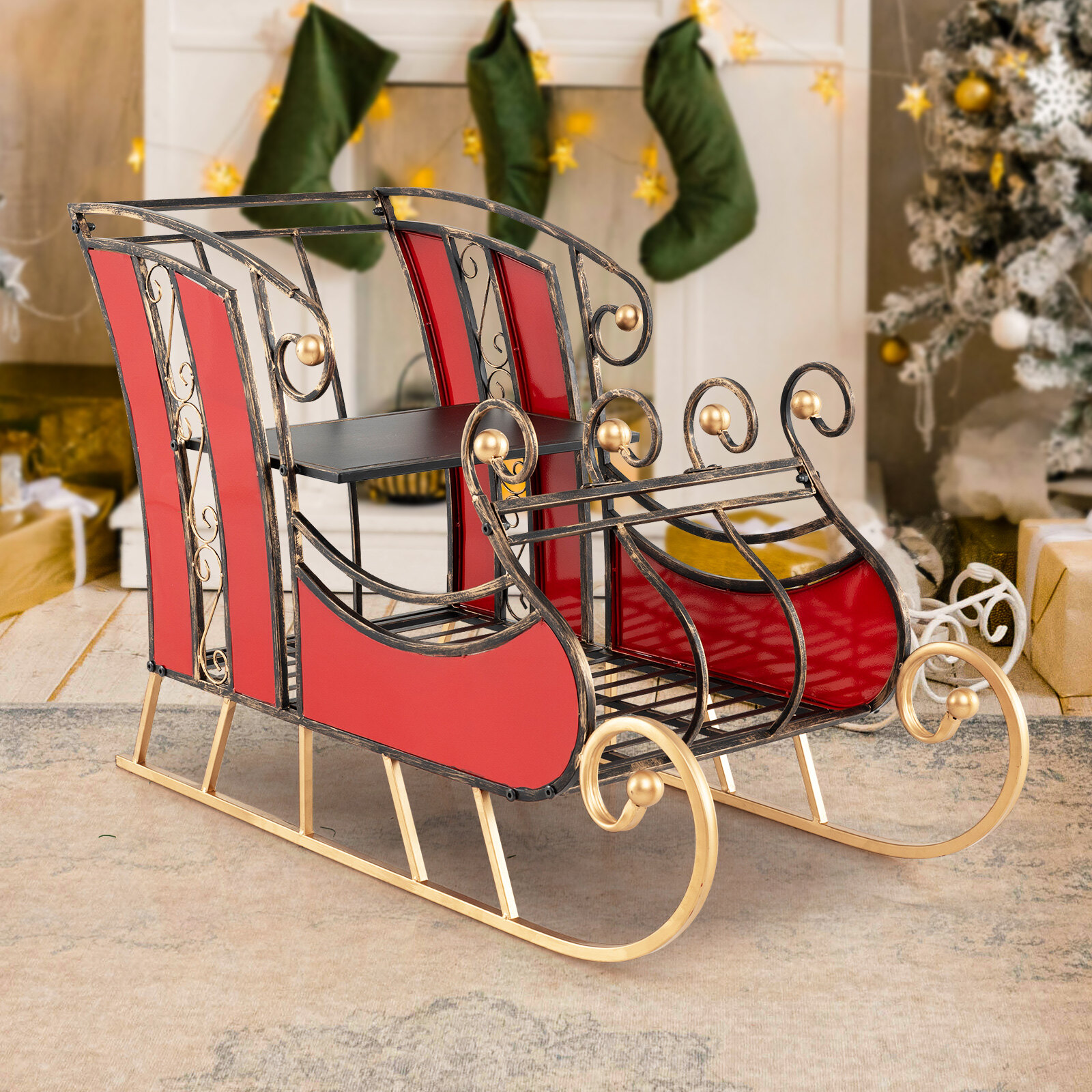 Costway 3 FT Christmas Metal Sleigh Decoration Santa Sleigh with 2-Tier Storage Shelf Costway 3 FT Christmas Metal Sleigh Decoration Santa Sleigh with 2-Tier Storage Shelf