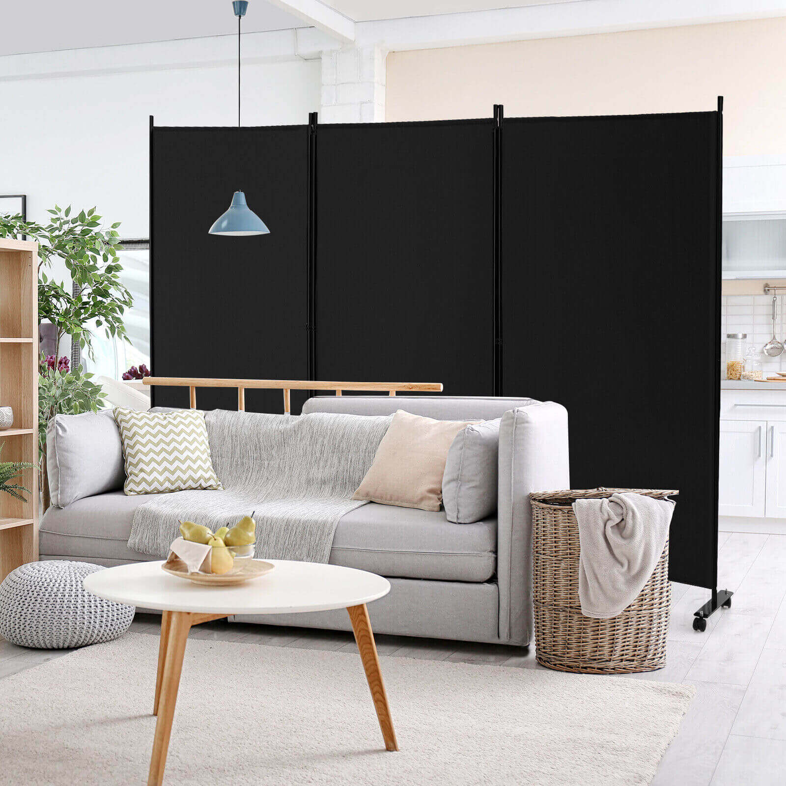3 Panel Folding Room Divider with Lockable Wheels-Black 3 Panel Folding Room Divider with Lockable Wheels-Black