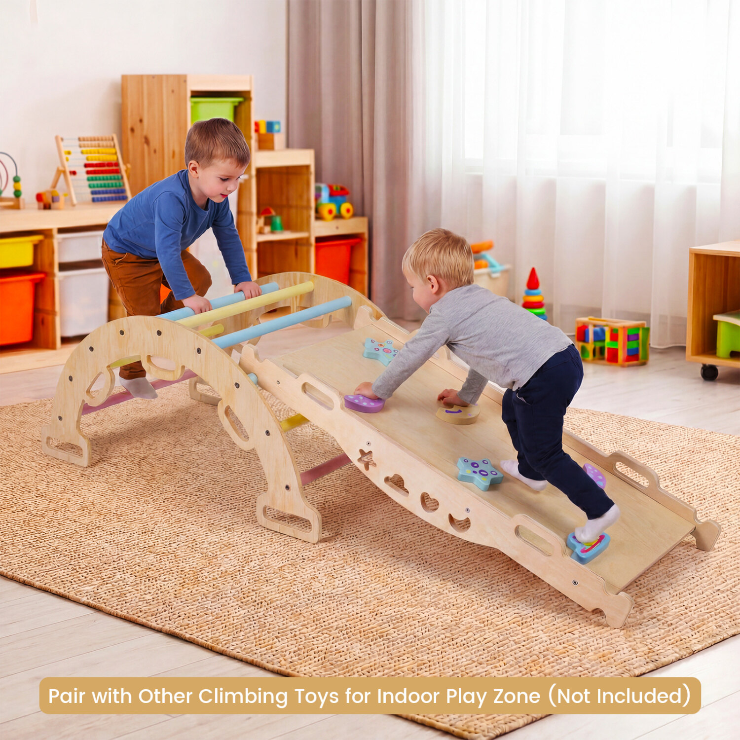 Puidust kiikronimiskaar padjaga, 3-ühes Montessori laste ronimiskiik-makaron